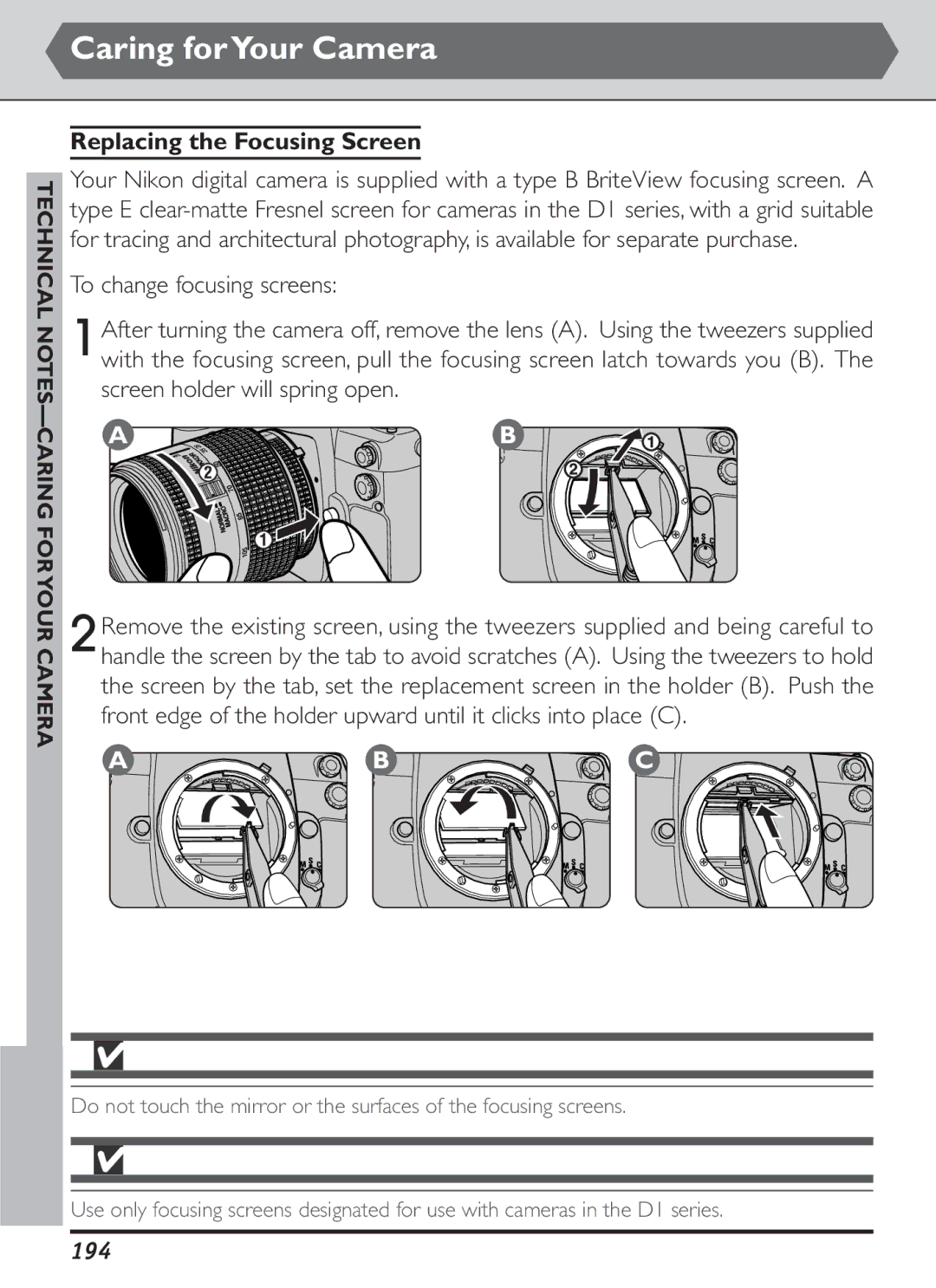 Nikon S2J00200401 Caring forYour Camera, Replacing the Focusing Screen, 194, Technical no TES- Caring for Your Camera 