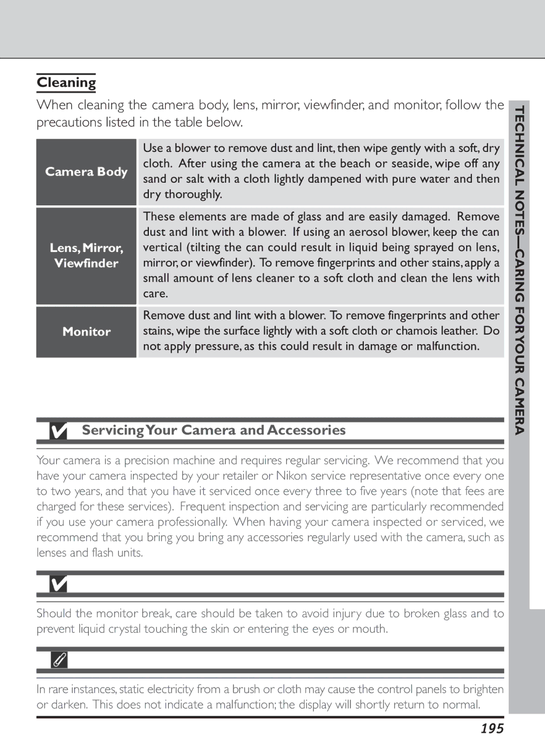 Nikon S2J00200401 user manual Cleaning, ServicingYour Camera and Accessories, 195, Technical NOTES-CARING for Your Camera 