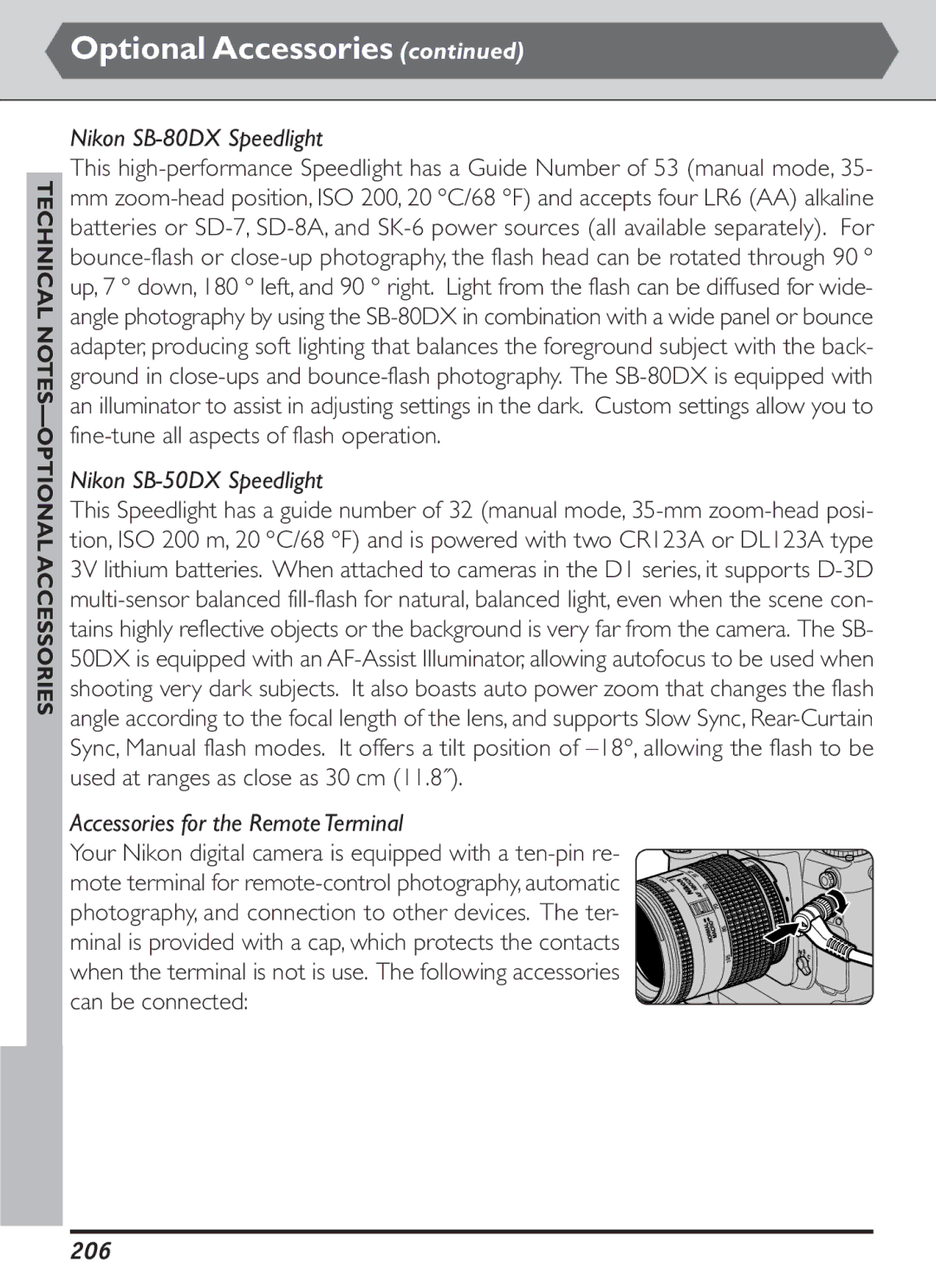 Nikon S2J00200401 user manual Nikon SB-80DX Speedlight, Nikon SB-50DX Speedlight, Accessories for the Remote Terminal, 206 