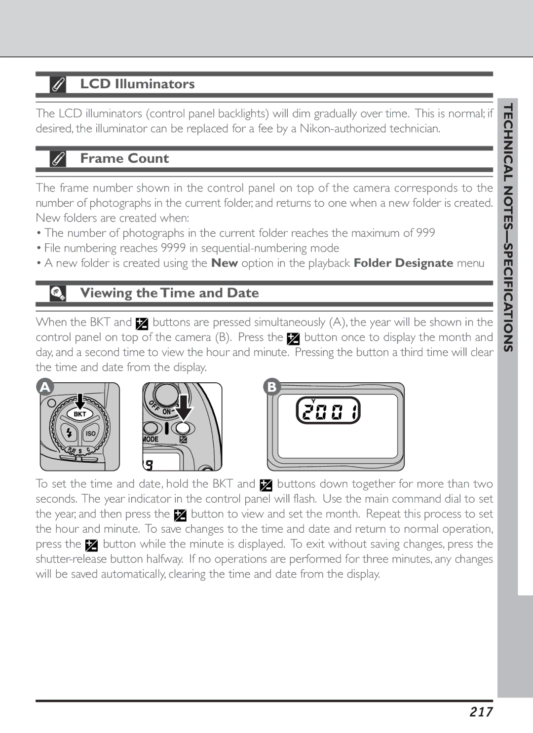 Nikon S2J00200401 user manual LCD Illuminators, Viewing the Time and Date, 217 