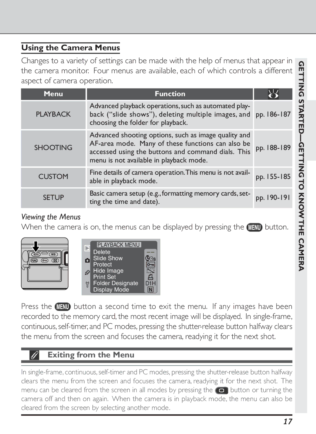 Nikon S2J00200401 user manual Using the Camera Menus, Viewing the Menus, Exiting from the Menu, STARTED-GETTING to Know 