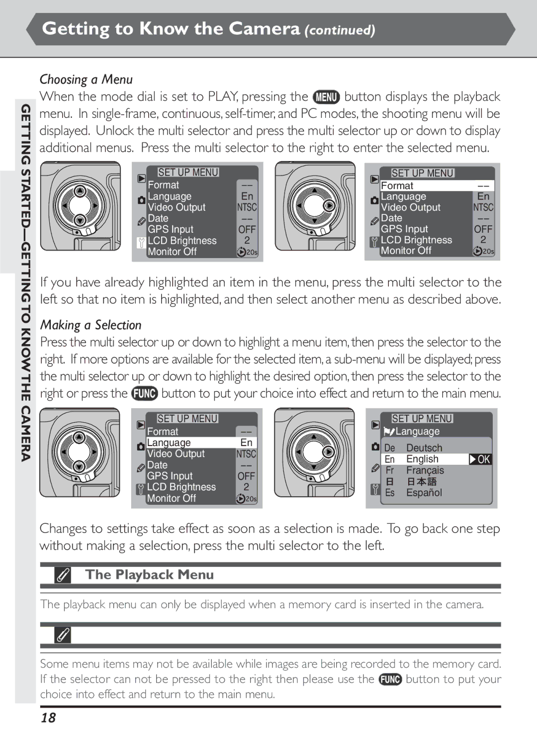 Nikon S2J00200401 user manual Choosing a Menu, Making a Selection, Playback Menu 