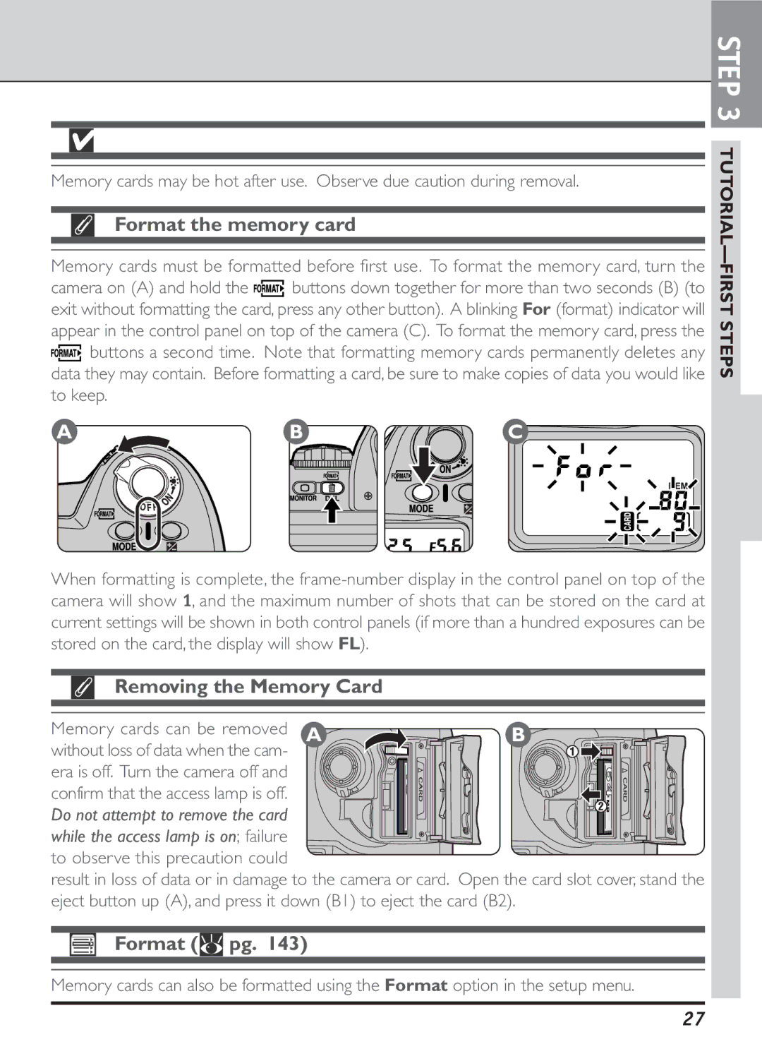 Nikon S2J00200401 user manual Format the memory card, Removing the Memory Card, Format pg 