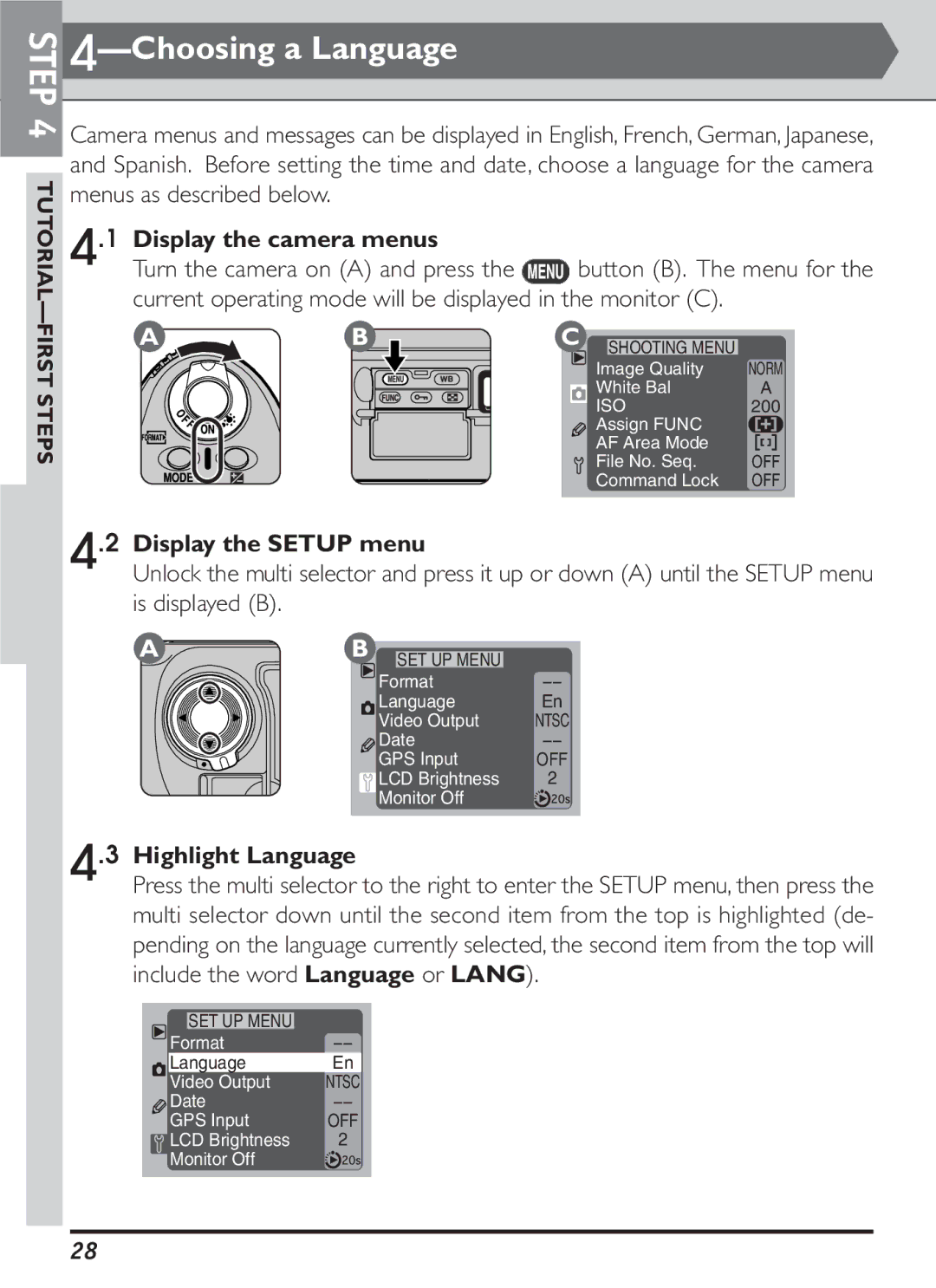 Nikon S2J00200401 user manual Choosing a Language, Display the camera menus, Display the Setup menu, Highlight Language 