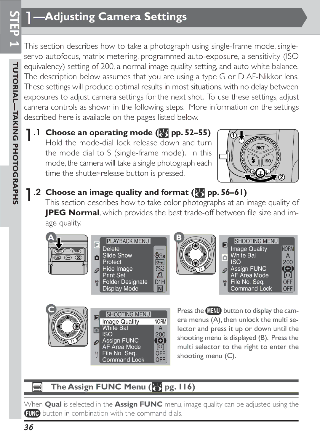 Nikon S2J00200401 Adjusting Camera Settings, Choose an image quality and format, Age quality, Assign Func Menu pg 