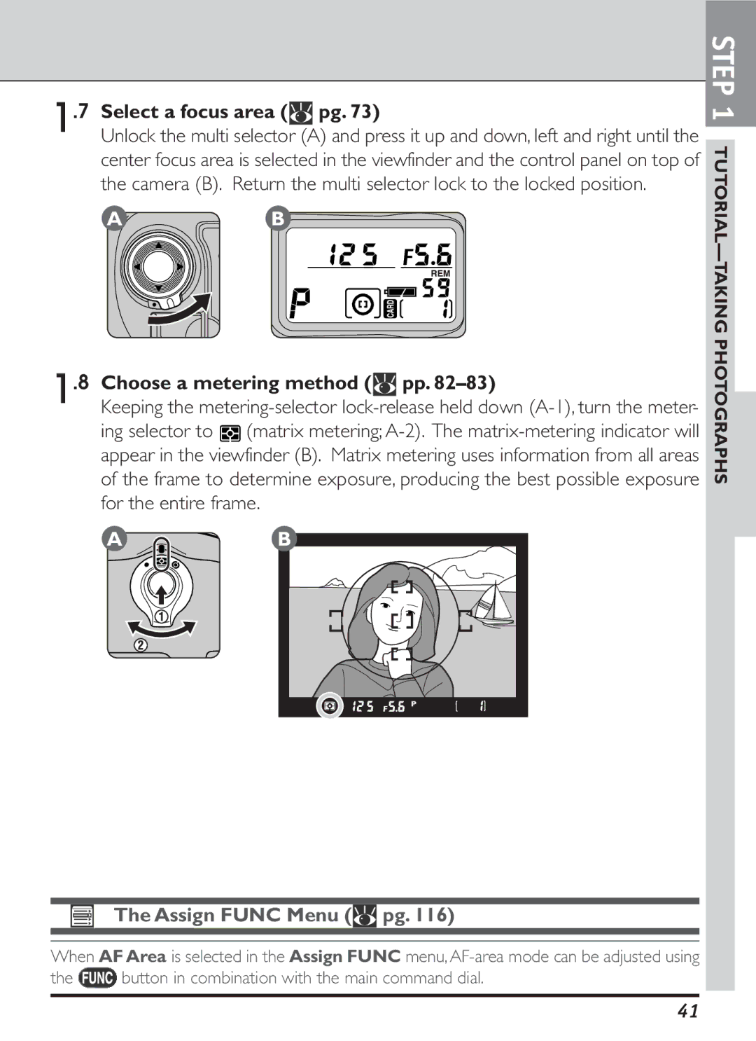 Nikon S2J00200401 user manual Select a focus area, Choose a metering method pp, Ing selector to, For the entire frame 