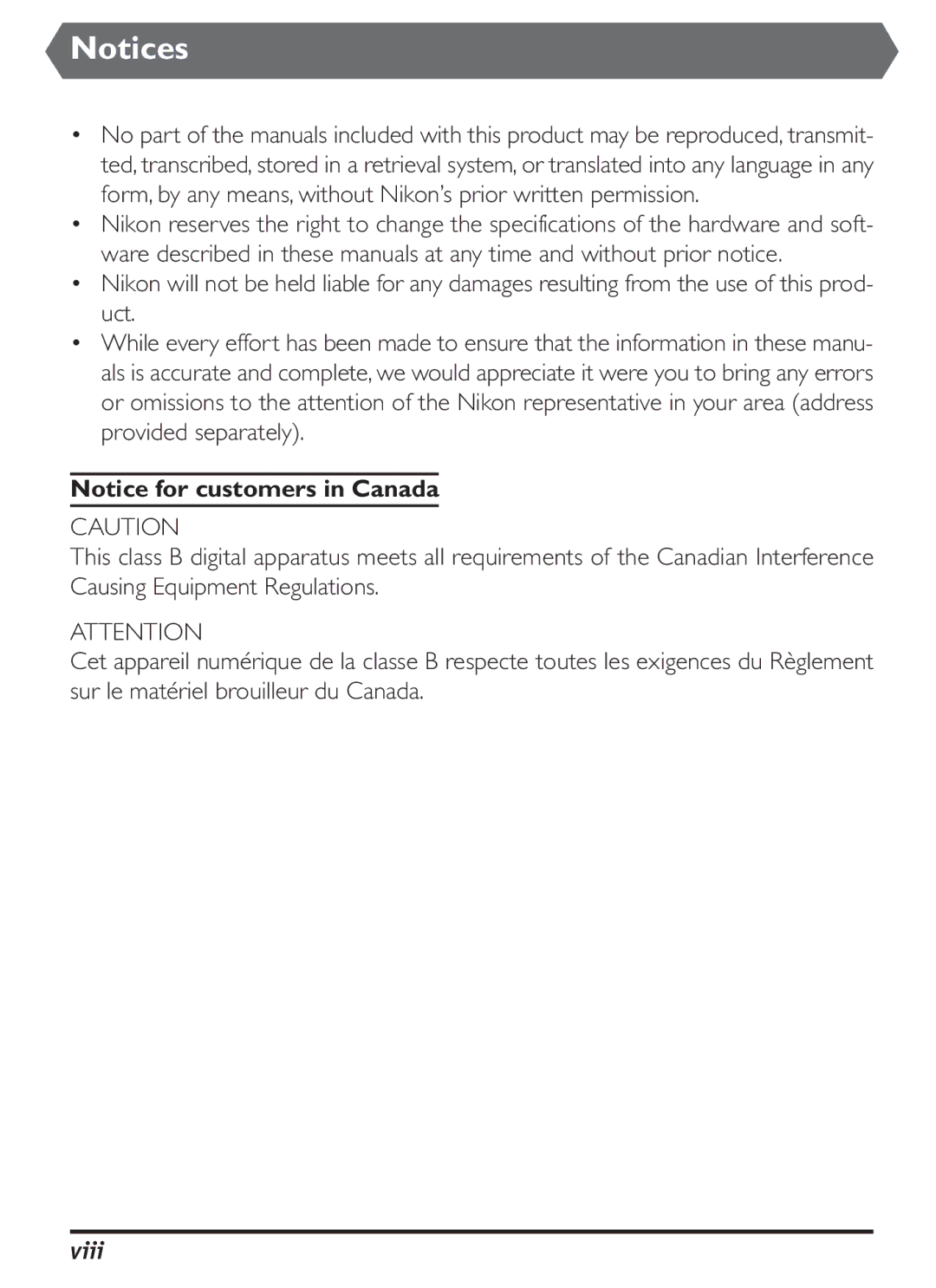 Nikon S2J00200401 user manual Viii 