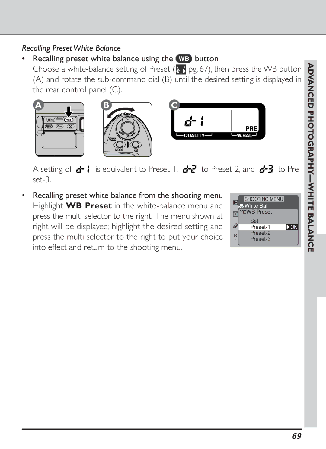 Nikon S2J00200401 user manual Recalling Preset White Balance, Recalling preset white balance using the button 