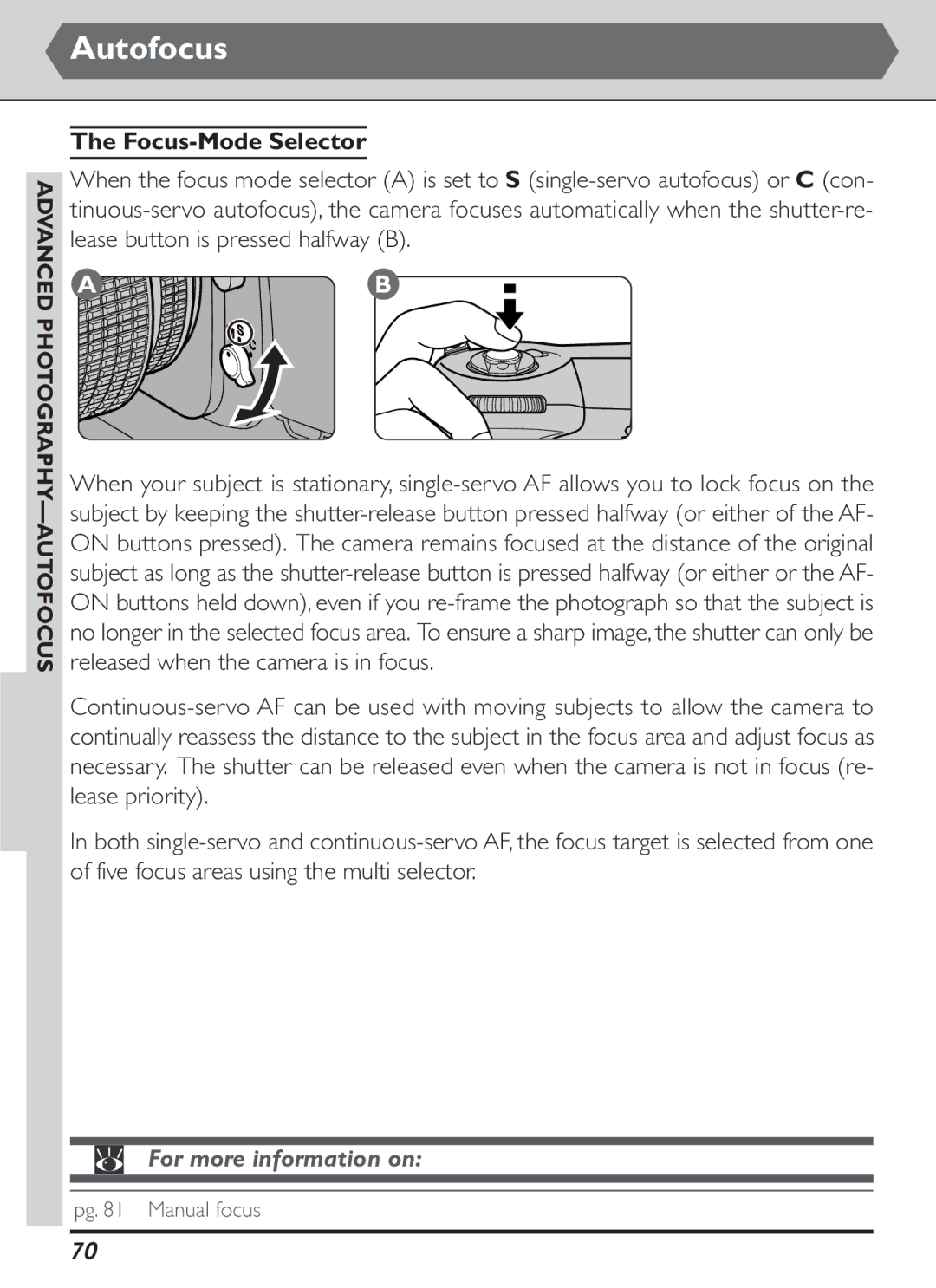 Nikon S2J00200401 user manual Autofocus, Focus-Mode Selector, Advanced Photography -AUTOFOCUS 