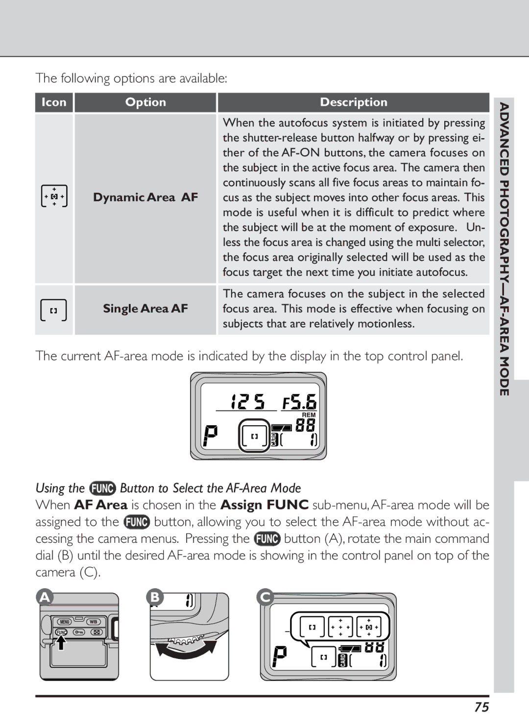 Nikon S2J00200401 user manual Using the Button to Select the AF-Area Mode, Assigned to, Icon Option Description 