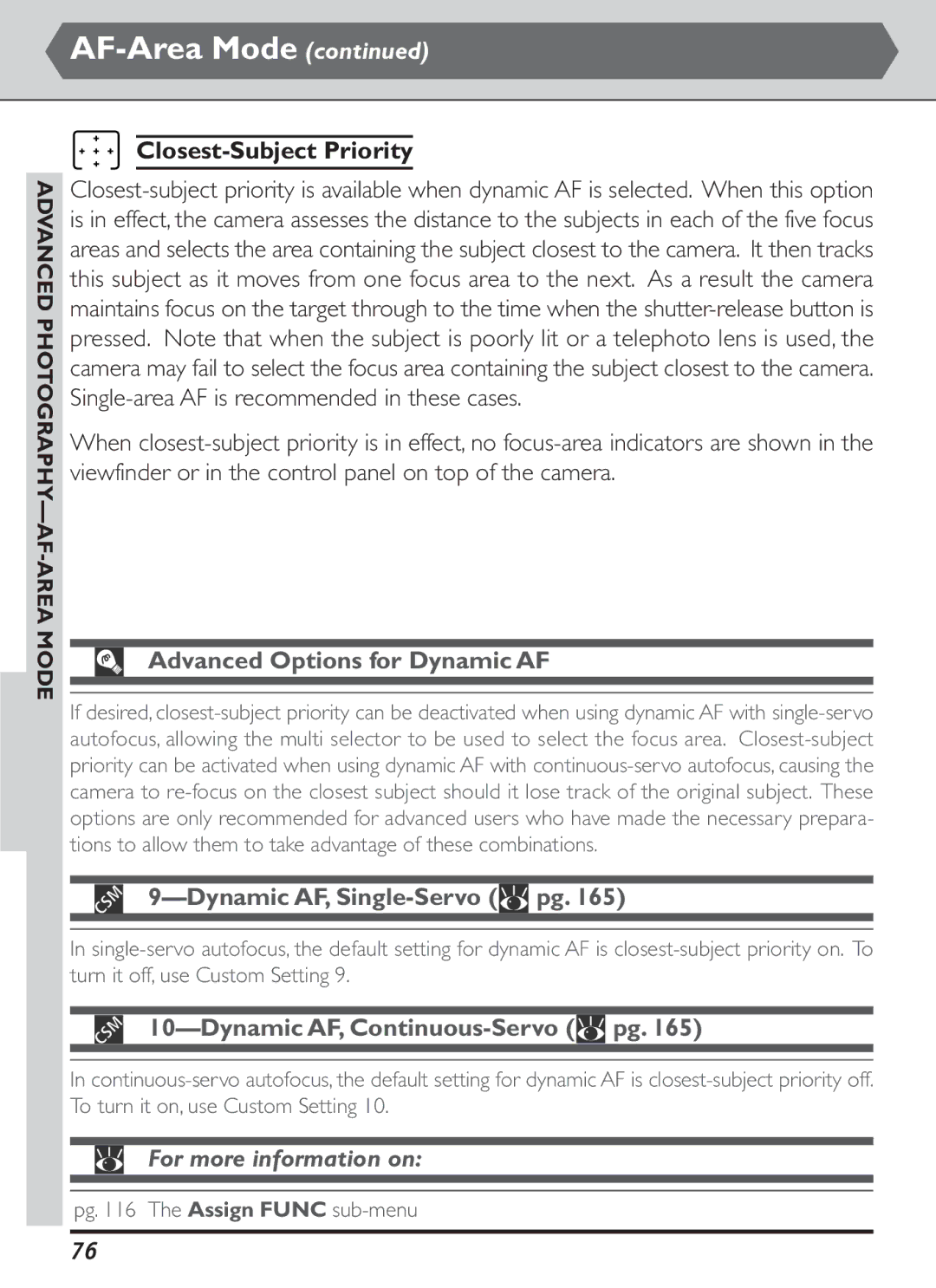 Nikon S2J00200401 user manual Closest-Subject Priority, Advanced Options for Dynamic AF, Dynamic AF, Single-Servo pg 