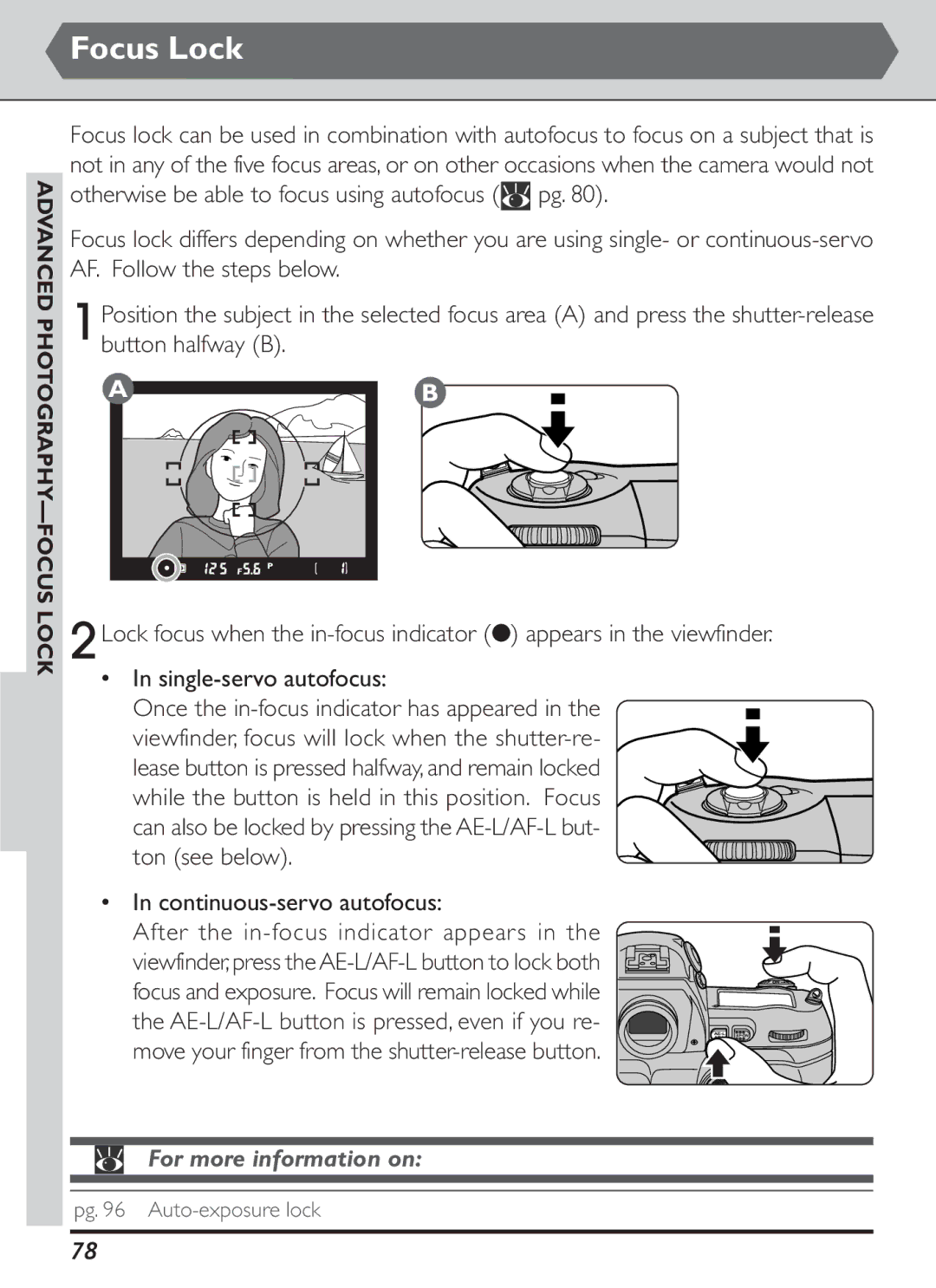 Nikon S2J00200401 user manual Continuous-servo autofocus, Advanced Photography Focus Lock 