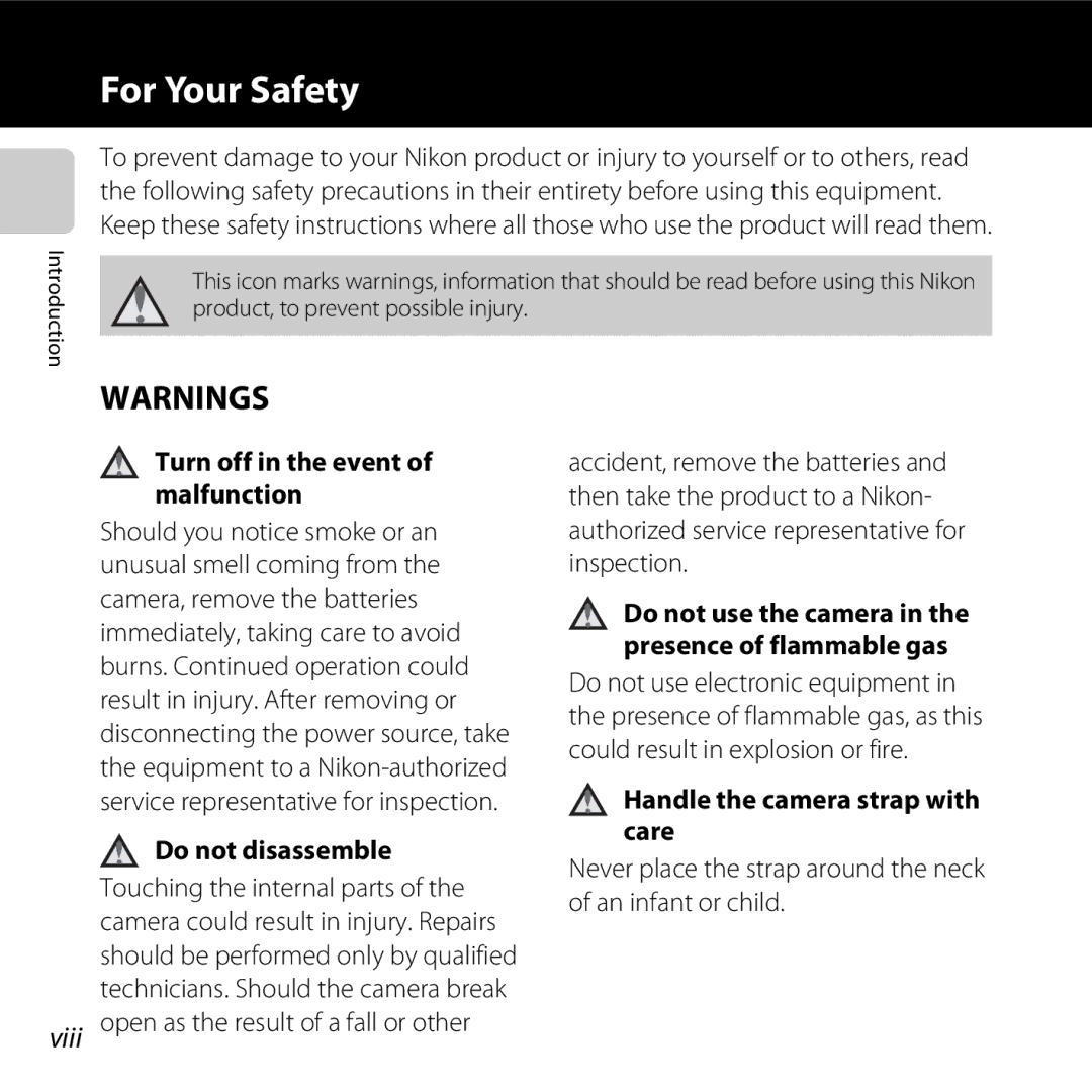 Nikon S30, 26317 manual For Your Safety, Do not use the camera in the presence of flammable gas 