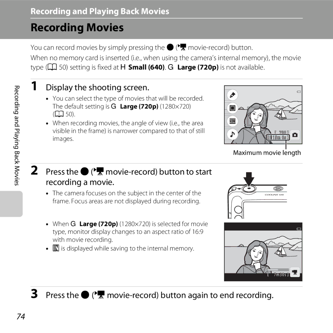 Nikon S30, 26317 Recording Movies, Display the shooting screen, Press the bemovie-record button to start recording a movie 