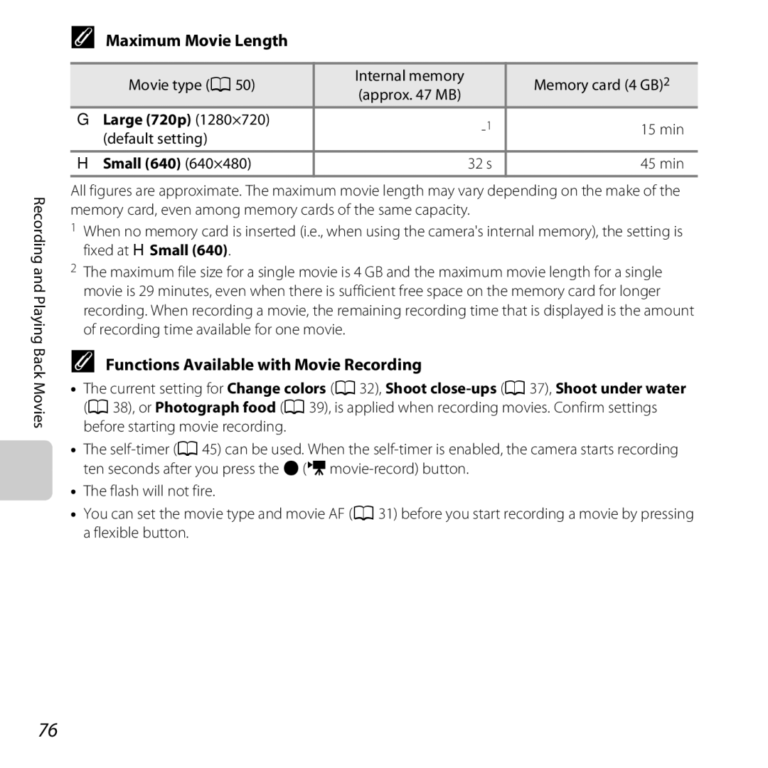 Nikon S30, 26317 Maximum Movie Length, Functions Available with Movie Recording, Large 720p 1280×720, Small 640 640×480 