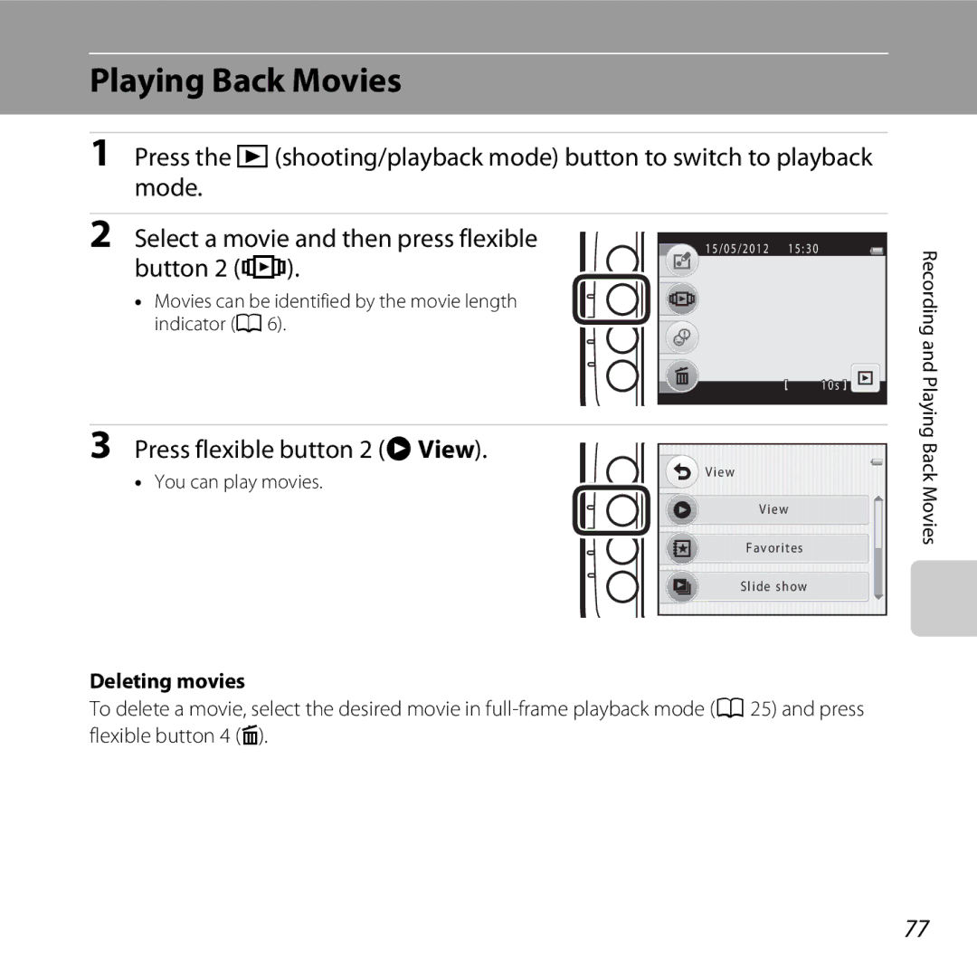 Nikon 26317, S30 manual Playing Back Movies, Press flexible button 2 AView, Deleting movies 