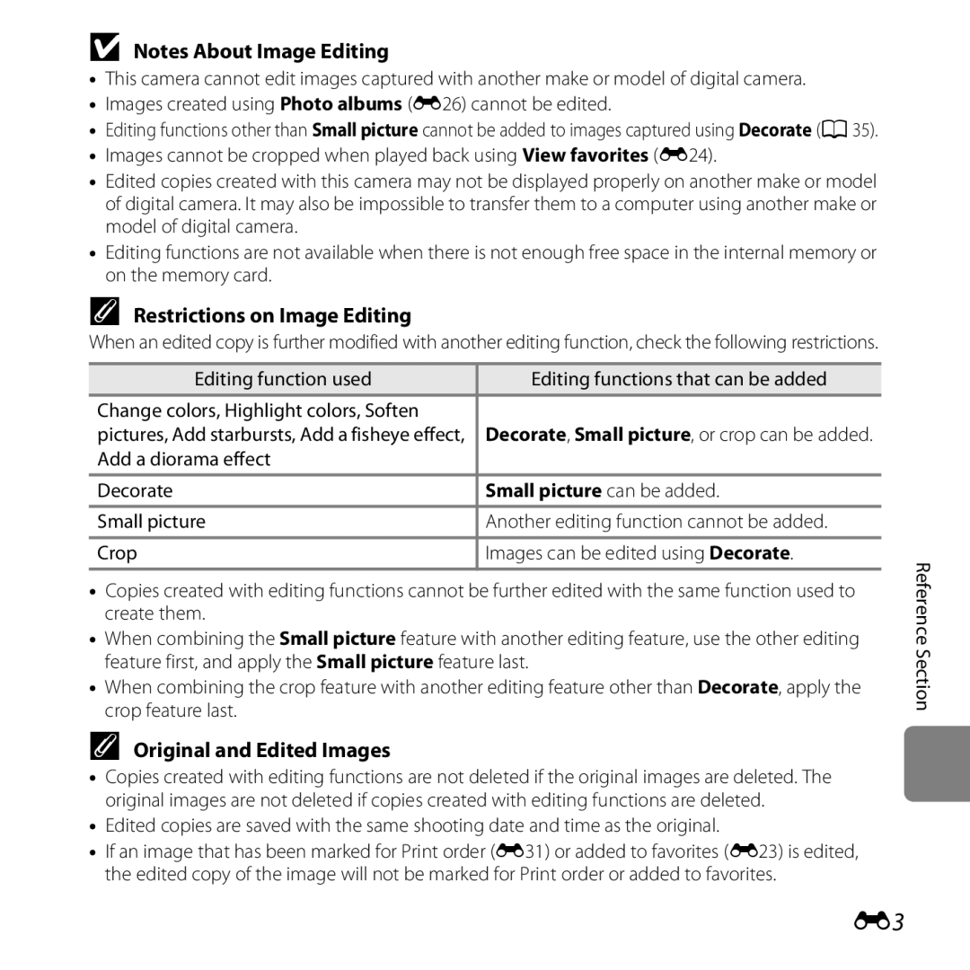 Nikon 26317, S30 manual Restrictions on Image Editing, Original and Edited Images, Add a diorama effect Decorate 