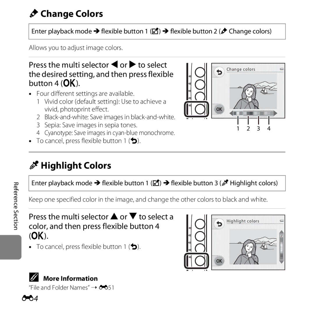 Nikon S30, 26317 manual DChange Colors, PHighlight Colors, Cyanotype Save images in cyan-blue monochrome, Section 