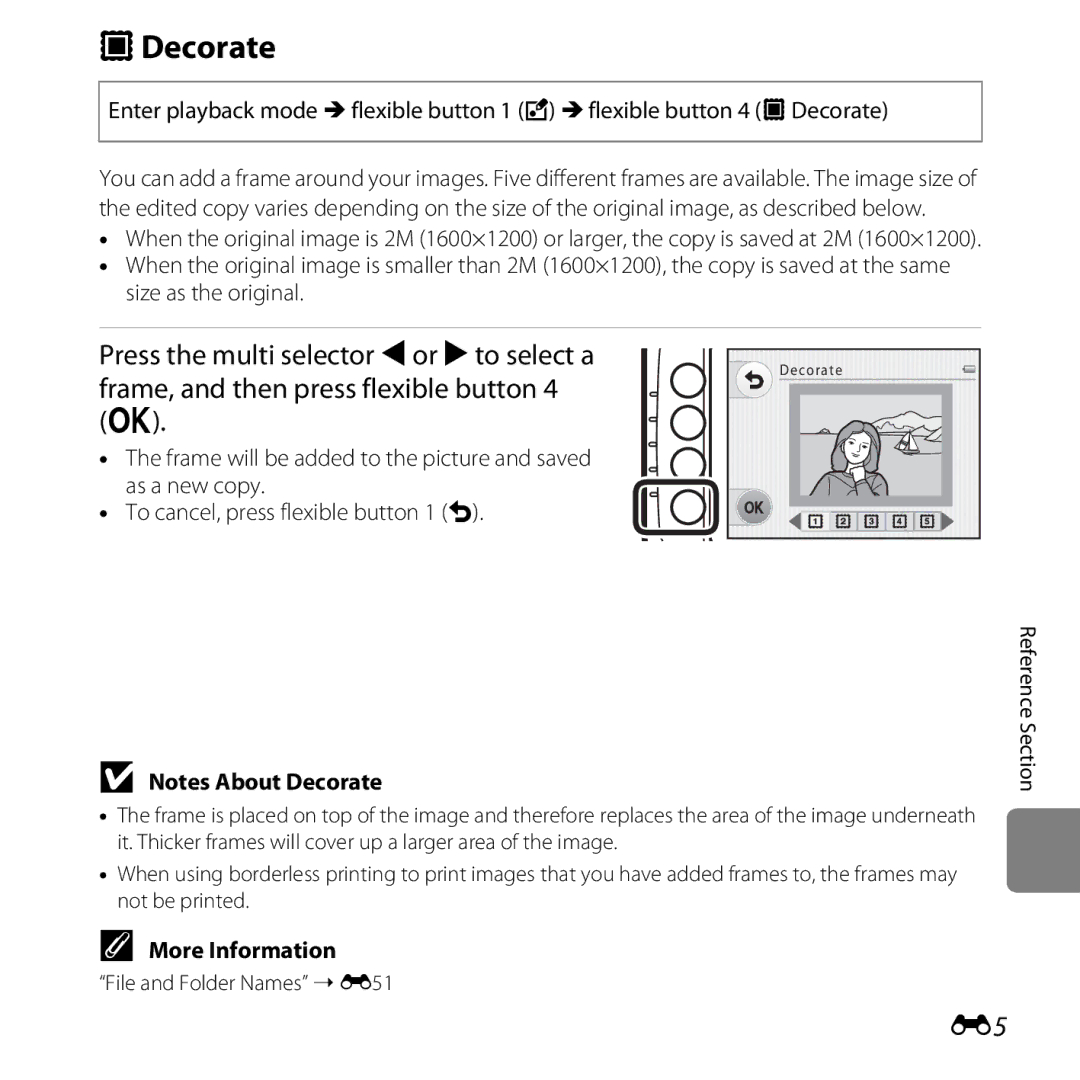 Nikon 26317, S30 manual Decorate, Press the multi selector Jor Kto select a, Frame, and then press flexible button 