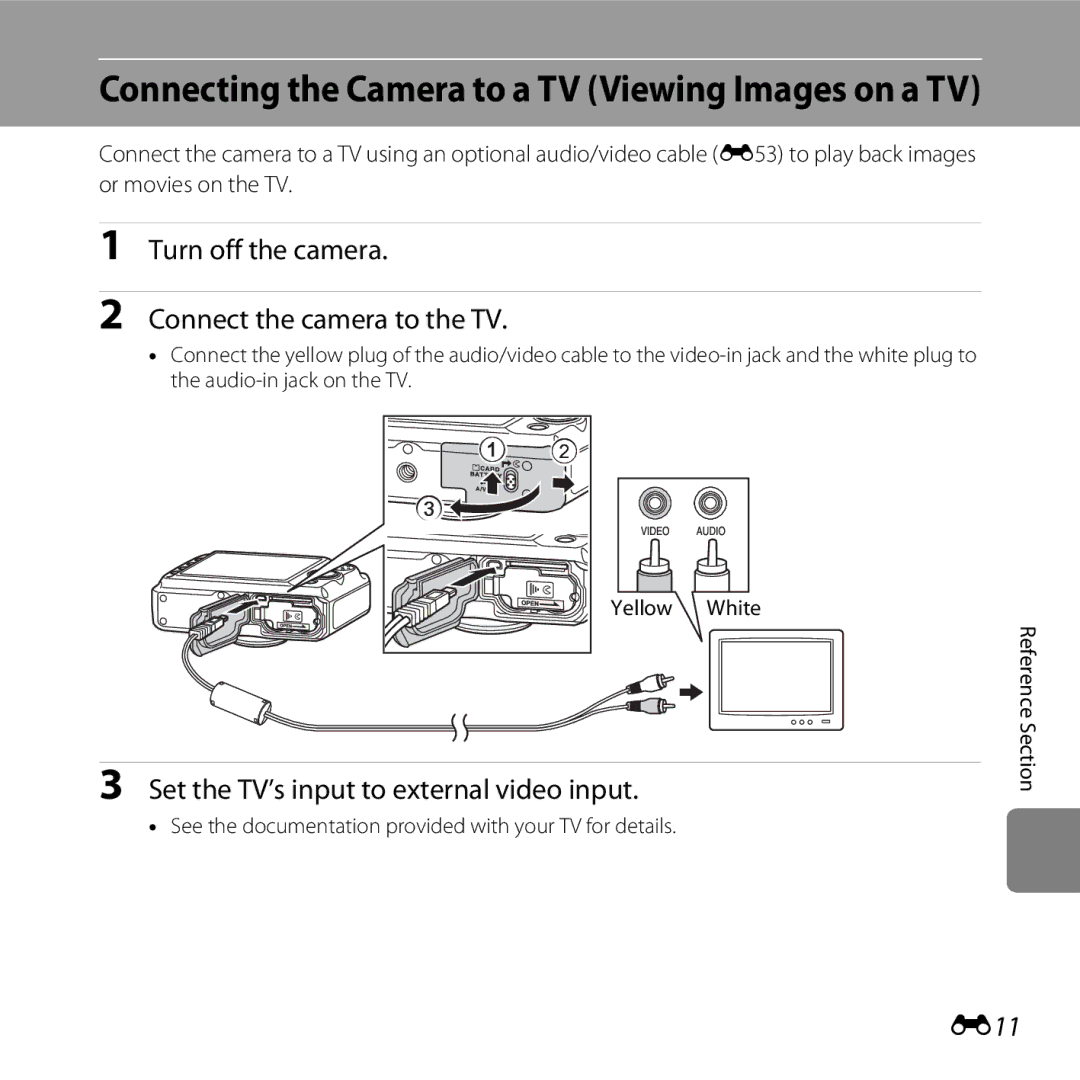 Nikon 26317, S30 manual Turn off the camera Connect the camera to the TV, Set the TV’s input to external video input, E11 