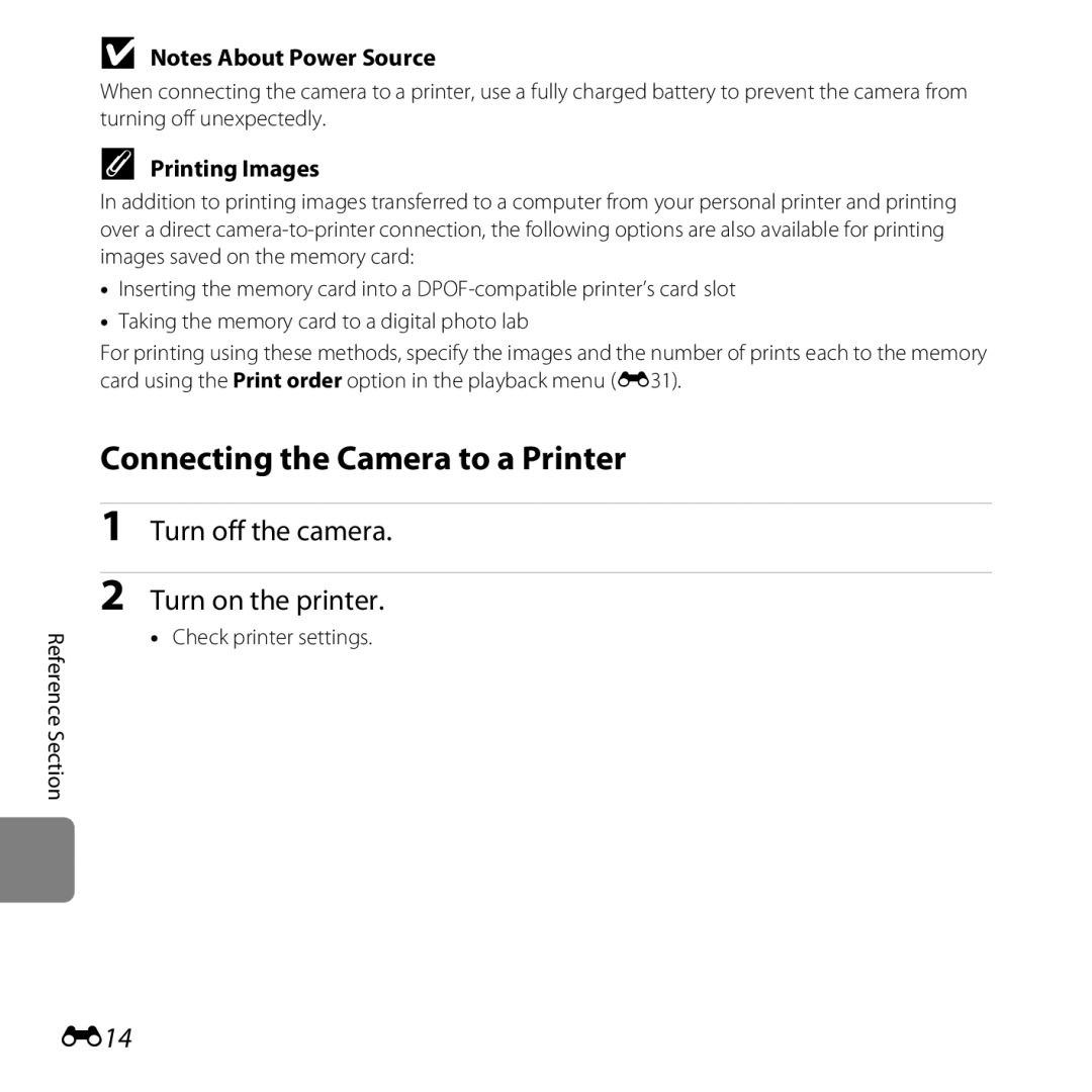 Nikon S30, 26317 manual Connecting the Camera to a Printer, Turn off the camera Turn on the printer, E14, Printing Images 