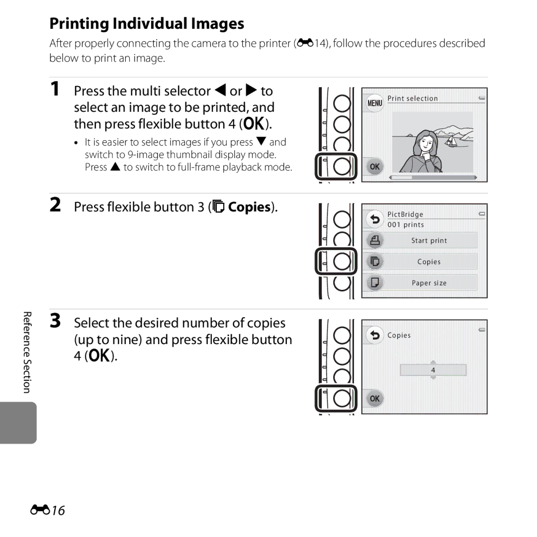 Nikon S30, 26317 manual Printing Individual Images, Press flexible button 3 bCopies, E16 