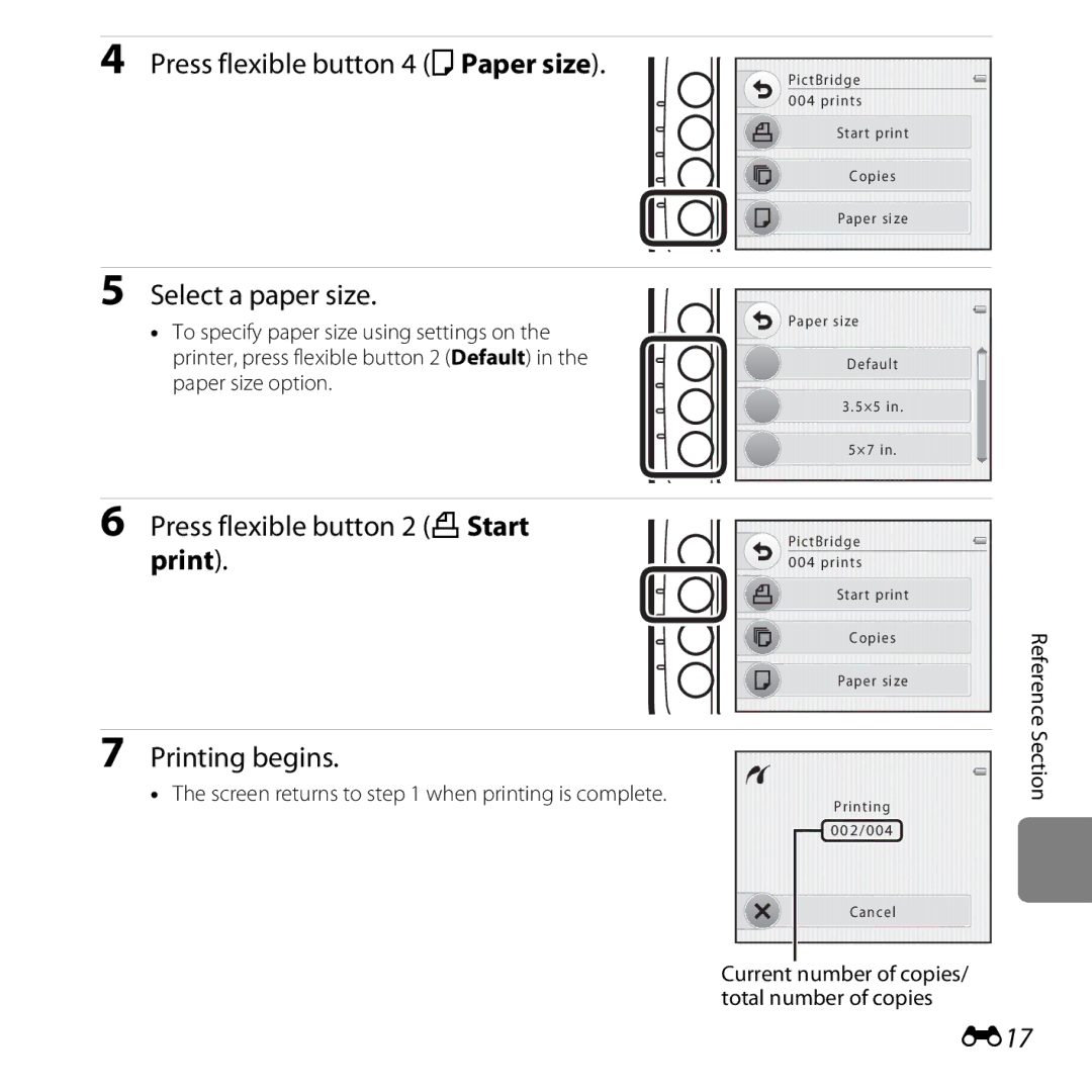 Nikon 26317, S30 manual Press flexible button 4 cPaper size, Select a paper size, Press flexible button 2 aStart print, E17 