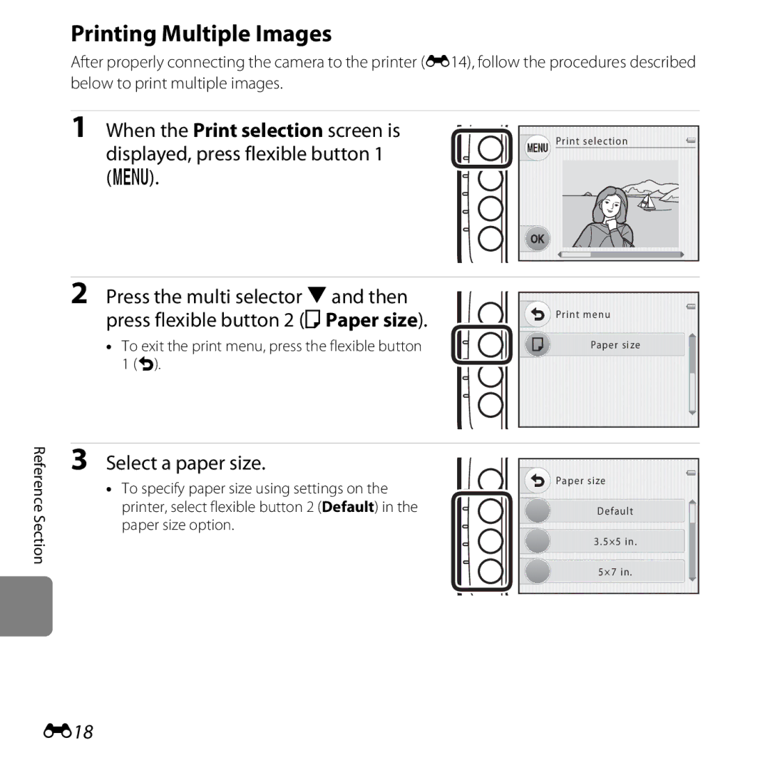 Nikon S30, 26317 manual Printing Multiple Images, E18, To exit the print menu, press the flexible button 1 Q 