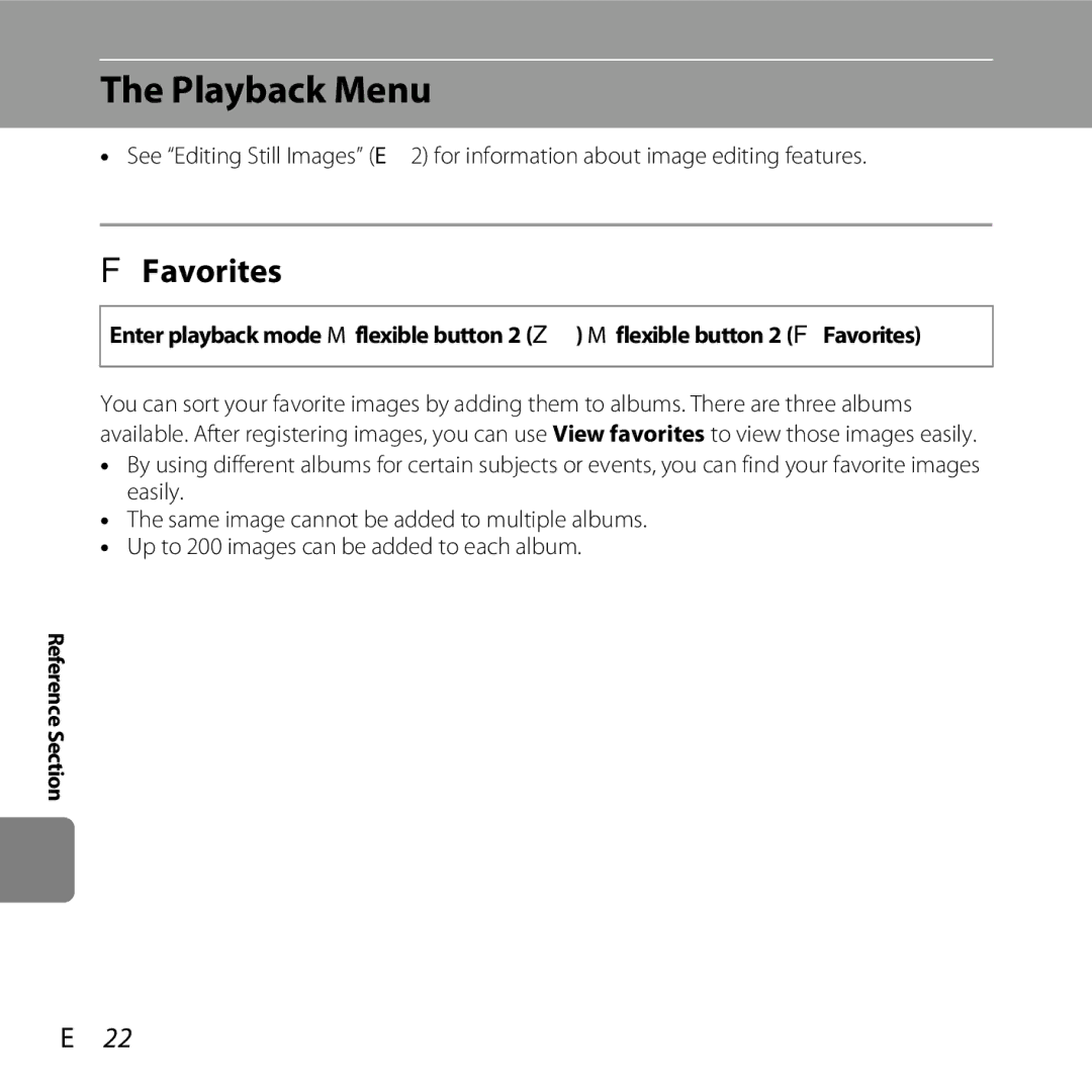 Nikon S30, 26317 manual Playback Menu, Favorites, E22 