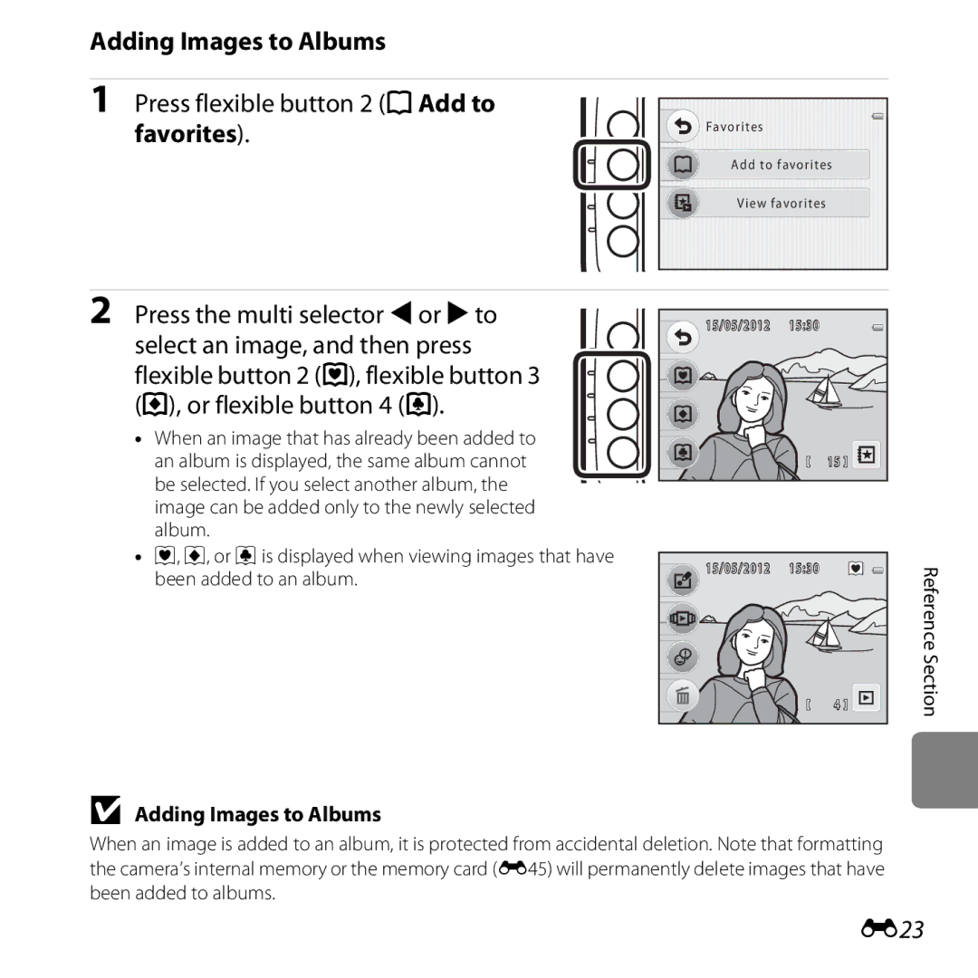 Nikon 26317, S30 manual Adding Images to Albums, Press flexible button 2 uAdd to favorites, E23 