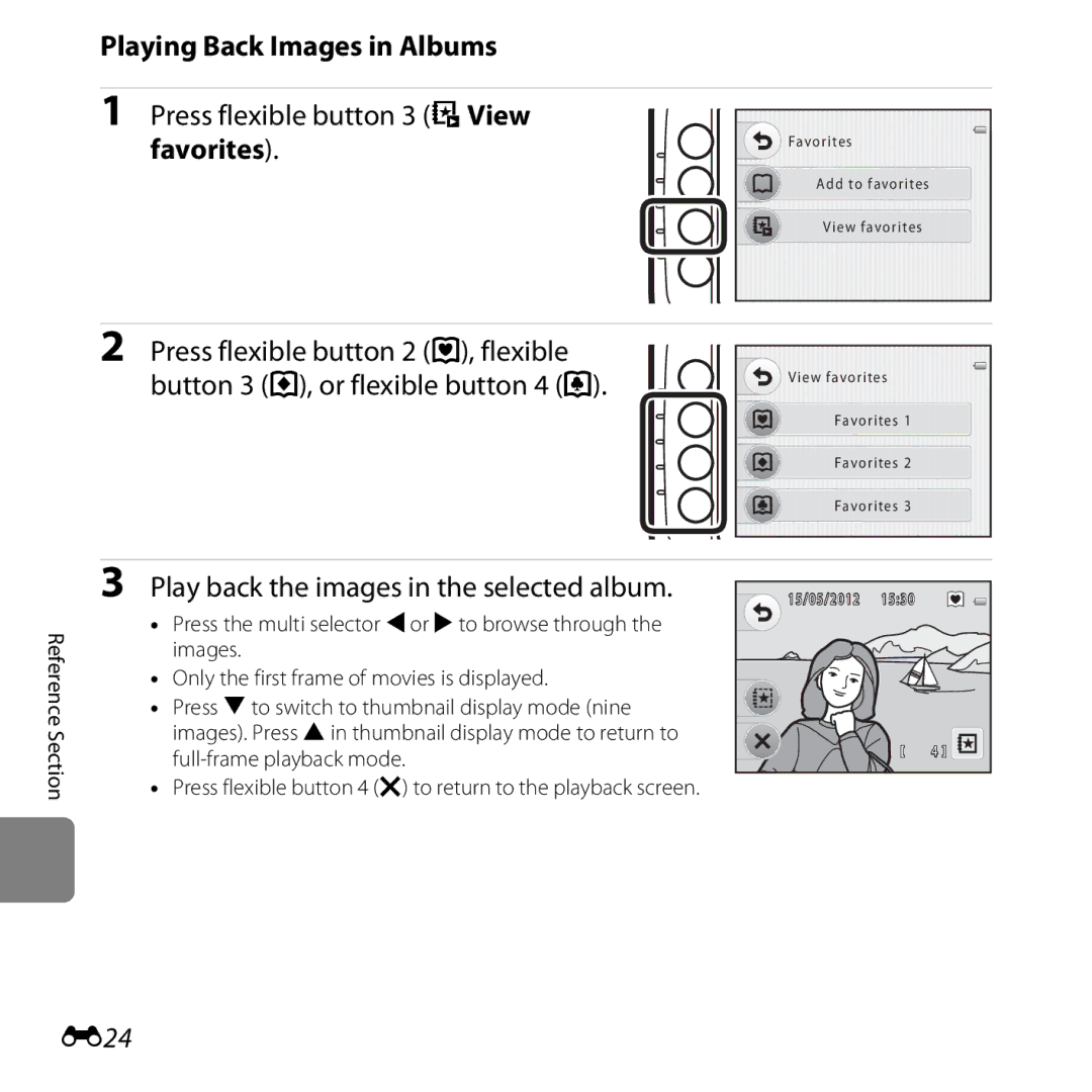 Nikon S30, 26317 manual Playing Back Images in Albums, Press flexible button 3 rView favorites, E24 