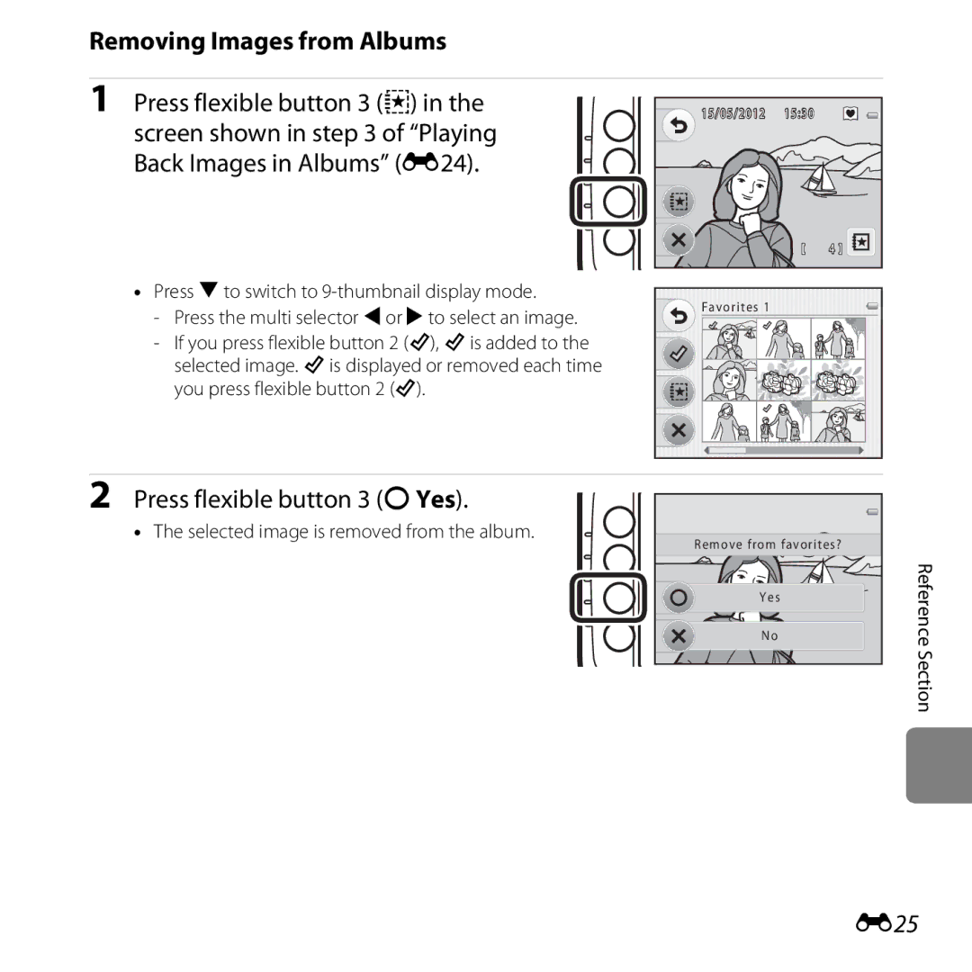 Nikon 26317, S30 Removing Images from Albums, Press flexible button 3 s, E25, Selected image is removed from the album 