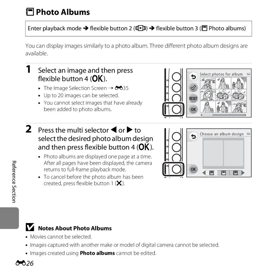 Nikon S30, 26317 manual DPhoto Albums, Select an image and then press flexible button 4 O, E26 