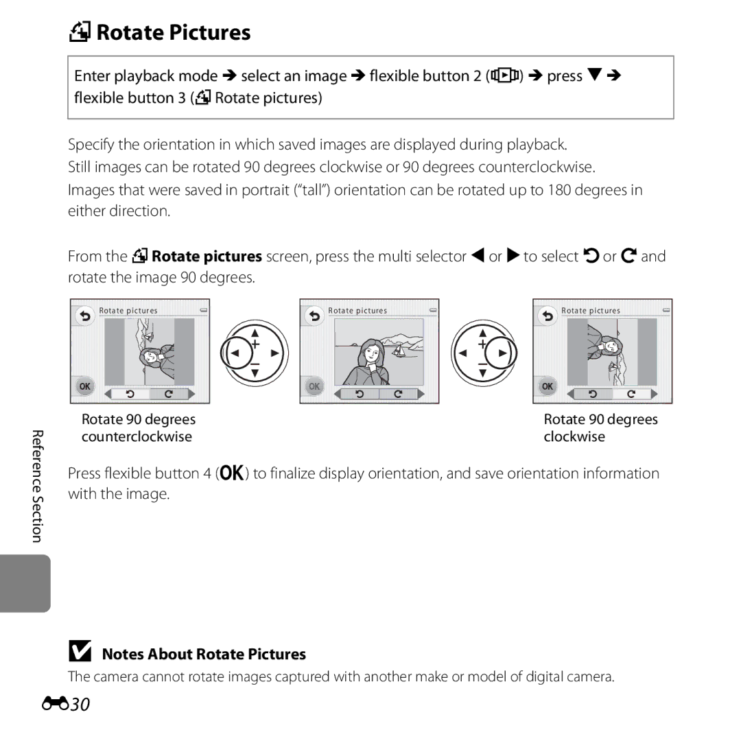 Nikon S30, 26317 manual DRotate Pictures, E30, Rotate 90 degrees, Counterclockwise Clockwise 