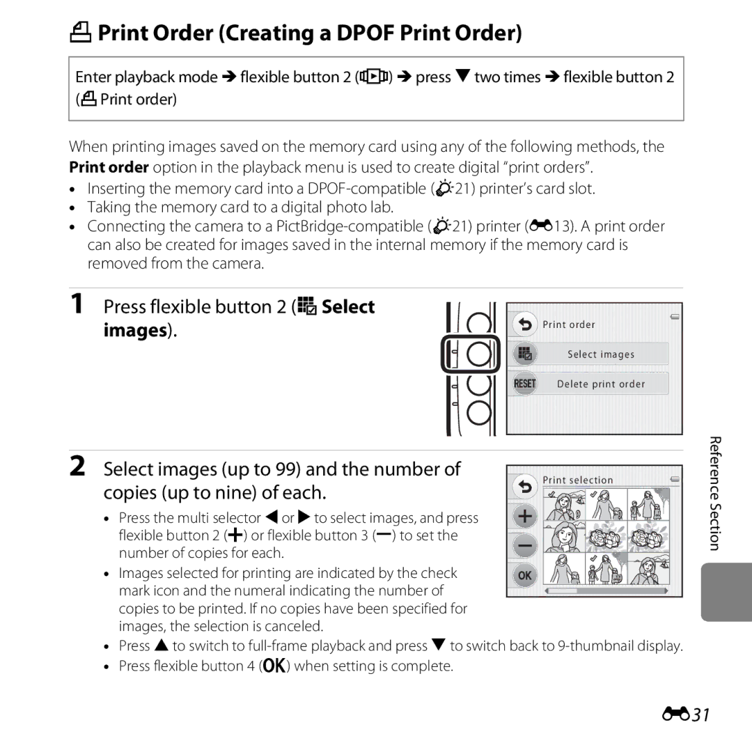 Nikon 26317, S30 manual APrint Order Creating a Dpof Print Order, Press flexible button 2 oSelect, E31 