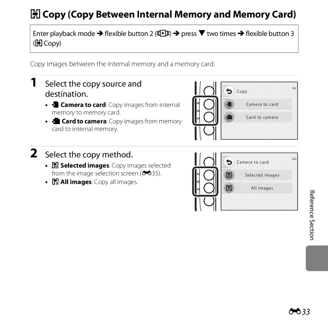 Nikon 26317, S30 manual HCopy Copy Between Internal Memory and Memory Card, Select the copy source and destination, E33 