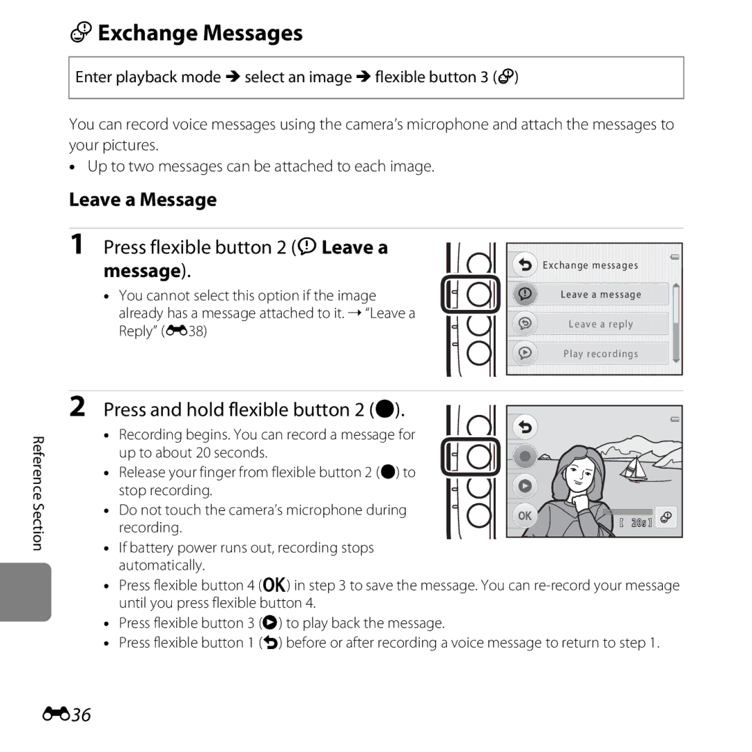 Nikon S30, 26317 manual EExchange Messages, Leave a Message, Press flexible button 2 ILeave a message, E36 