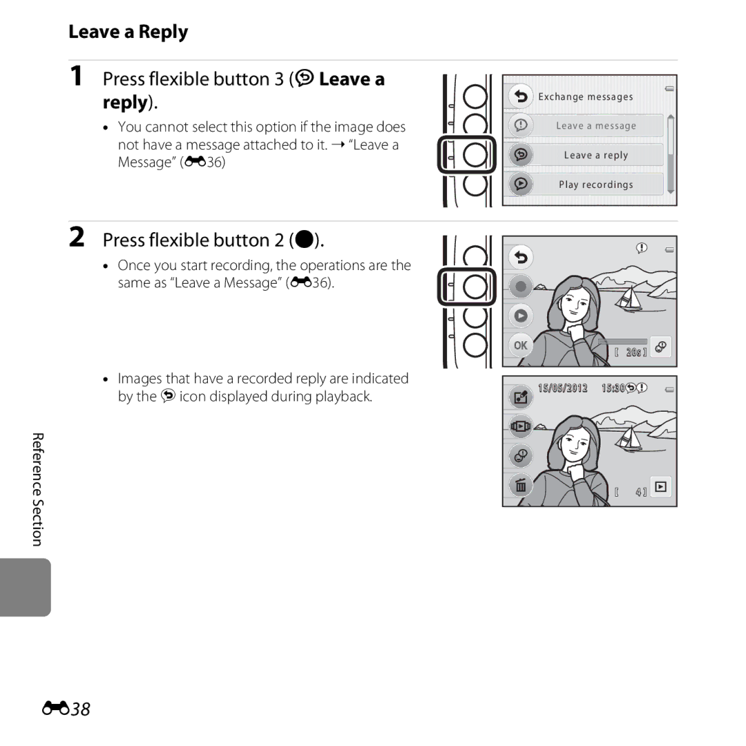 Nikon S30, 26317 manual Leave a Reply, Press flexible button 3 JLeave a reply, Press flexible button 2 b, E38 