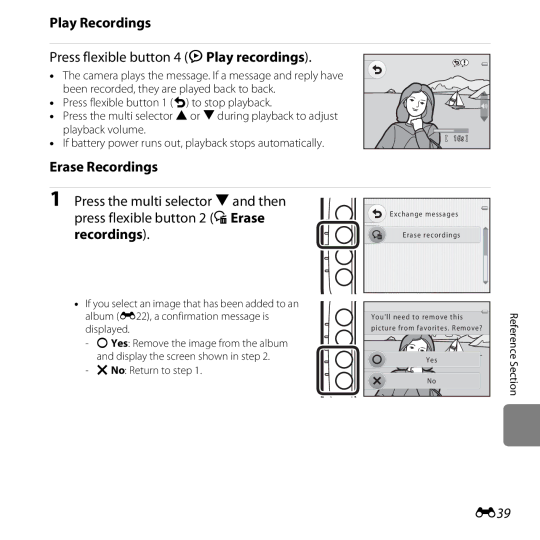 Nikon 26317, S30 manual Play Recordings, Press flexible button 4 KPlay recordings, Erase Recordings, E39, SNo Return to step 