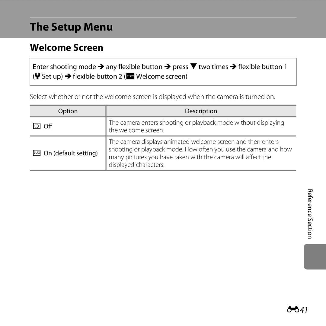 Nikon 26317, S30 manual Welcome Screen, E41 