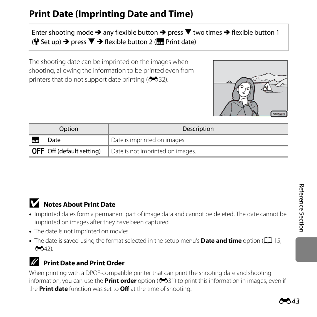 Nikon 26317, S30 manual Print Date Imprinting Date and Time, E43, Print Date and Print Order 