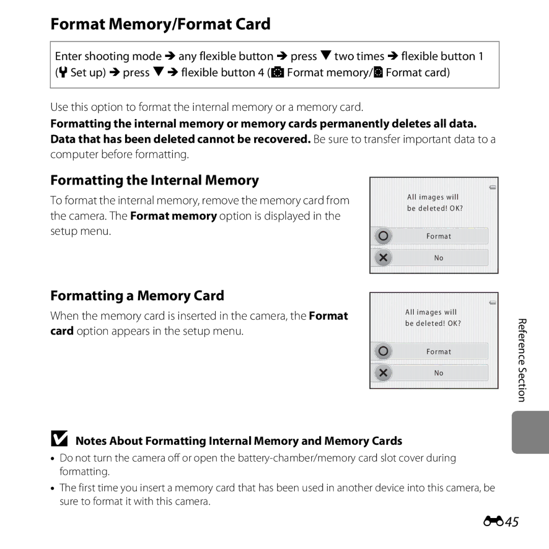 Nikon 26317, S30 manual Format Memory/Format Card, Formatting the Internal Memory, Formatting a Memory Card, E45 