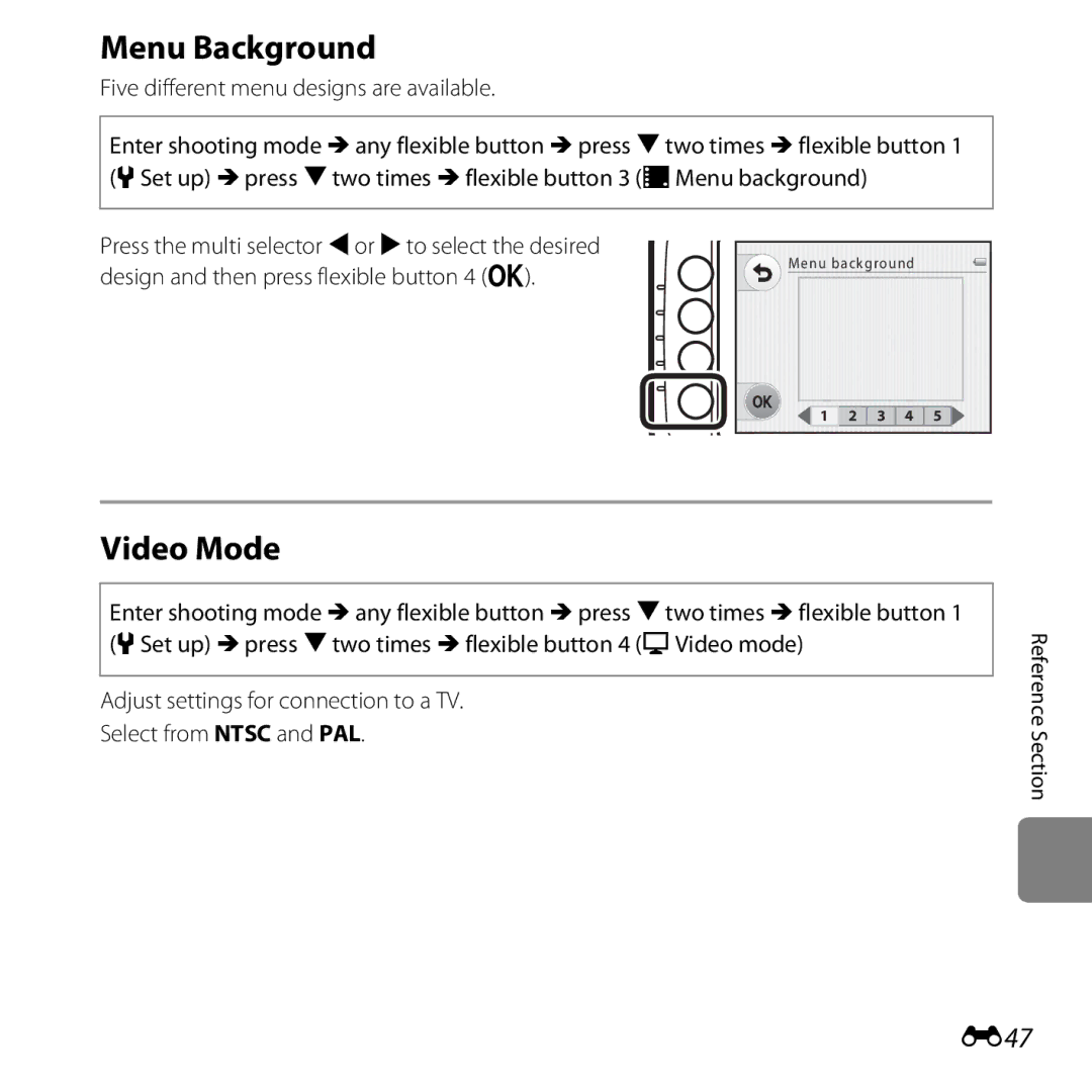 Nikon 26317, S30 manual Menu Background, Video Mode, E47 