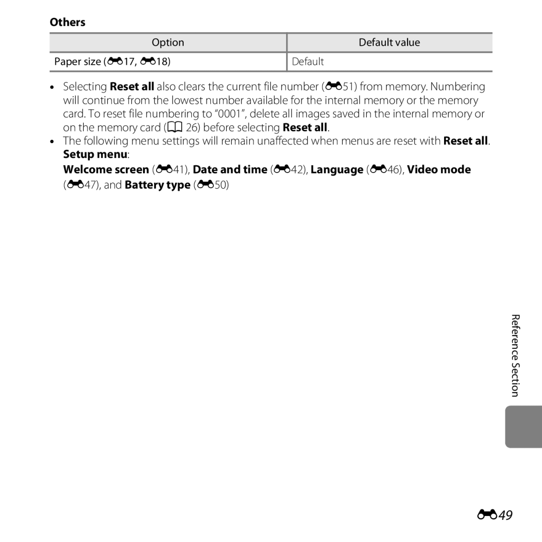 Nikon 26317, S30 manual E49, Others, Option Default value Paper size E17, E18 