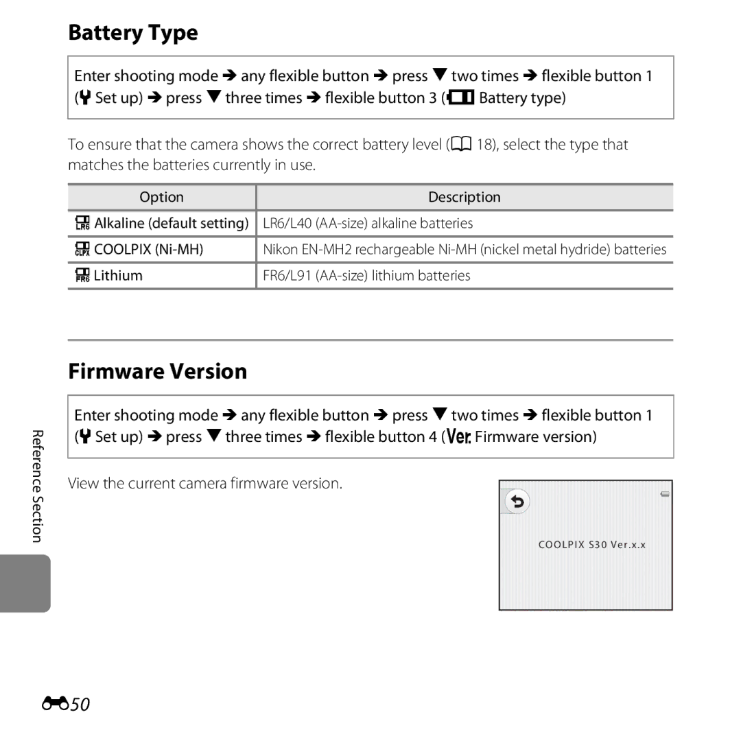 Nikon S30, 26317 manual Battery Type, Firmware Version, E50, MLithium FR6/L91 AA-size lithium batteries 