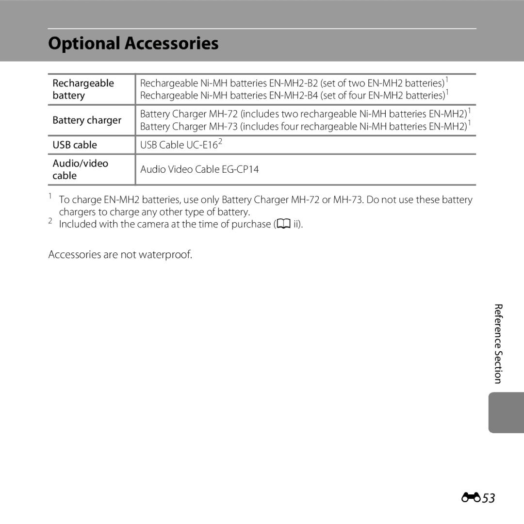 Nikon 26317, S30 manual Optional Accessories, E53, Rechargeable, Battery charger 