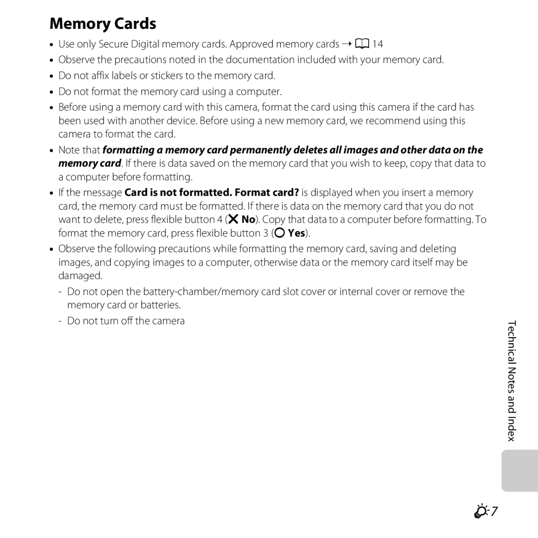 Nikon 26317, S30 manual Memory Cards 