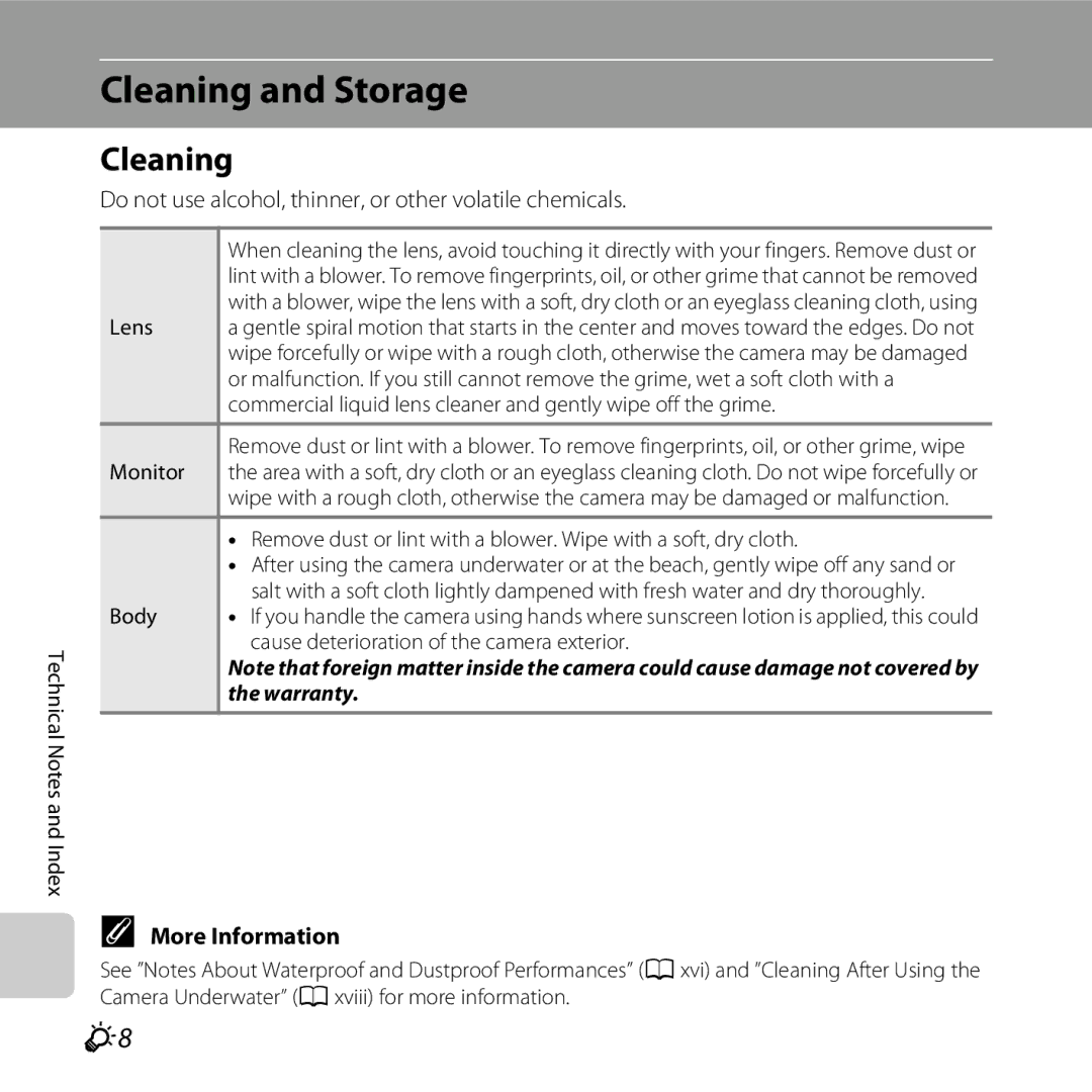 Nikon S30, 26317 manual Cleaning and Storage 