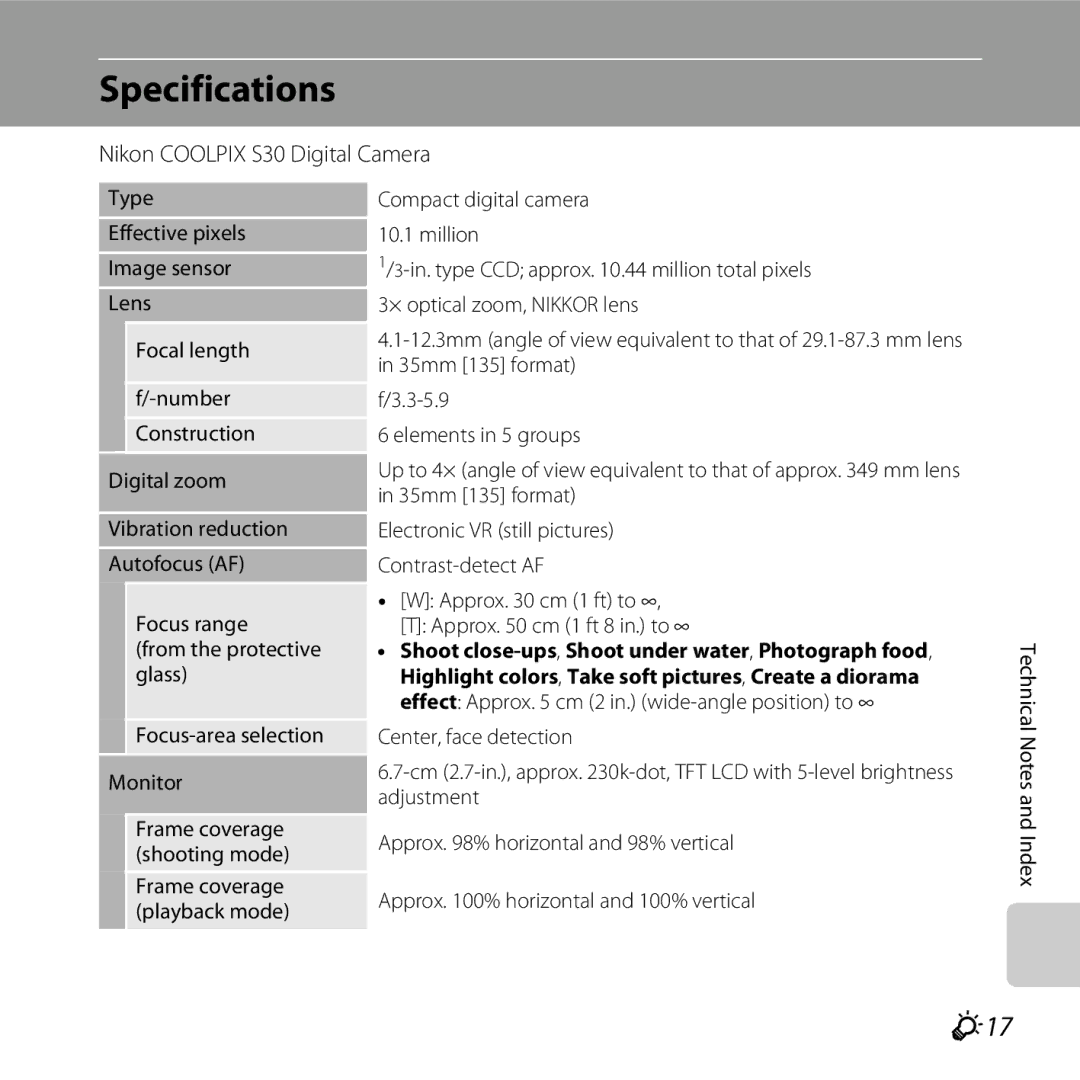 Nikon 26317, S30 manual Specifications, F17 