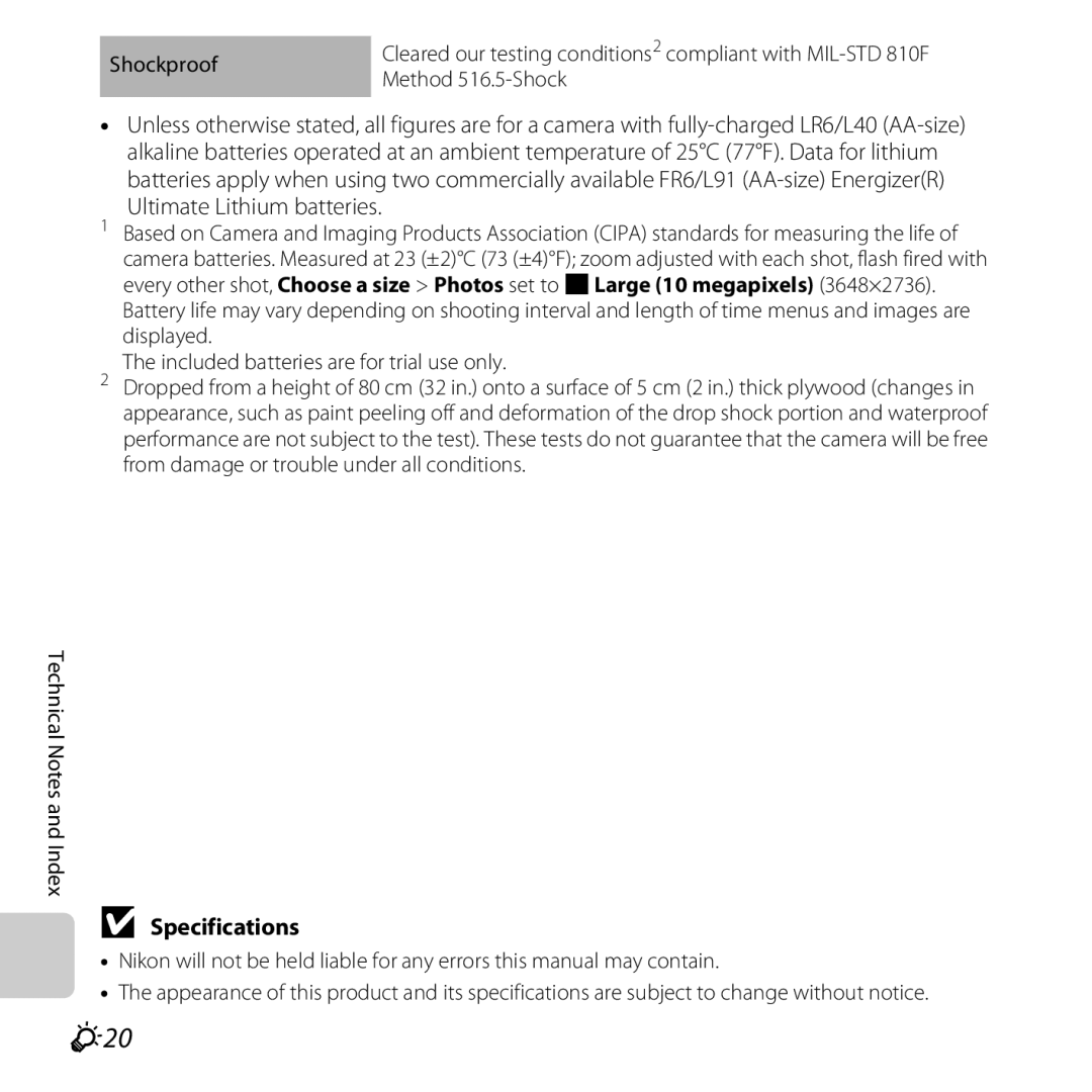 Nikon S30, 26317 manual F20, Specifications 